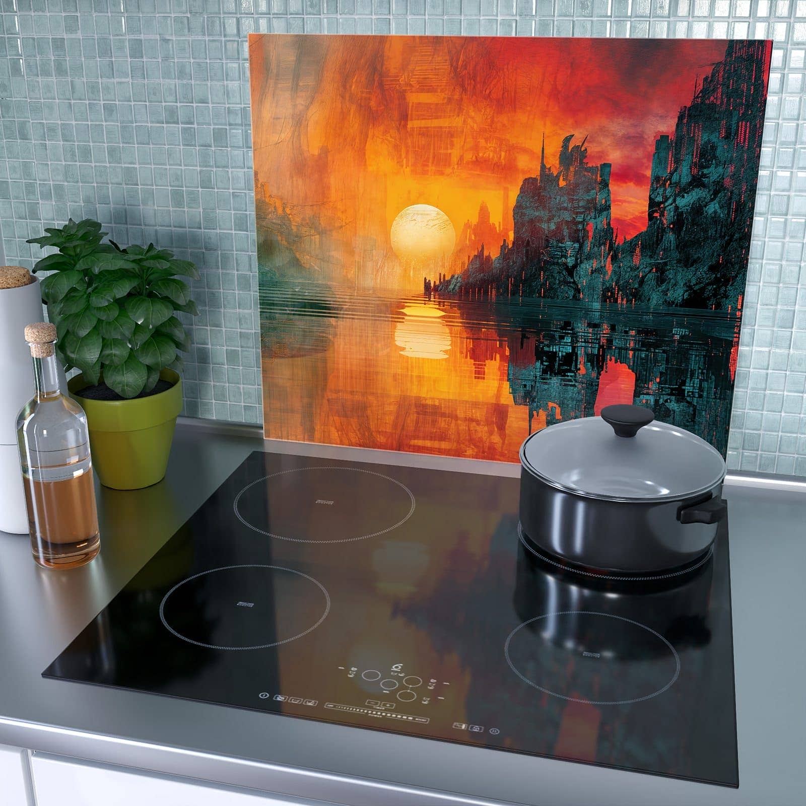 1-teilige Herdabdeckplatte mit Sonnenuntergang Stadt-Motiv als Spritzschutz hinter dem Kochfeld