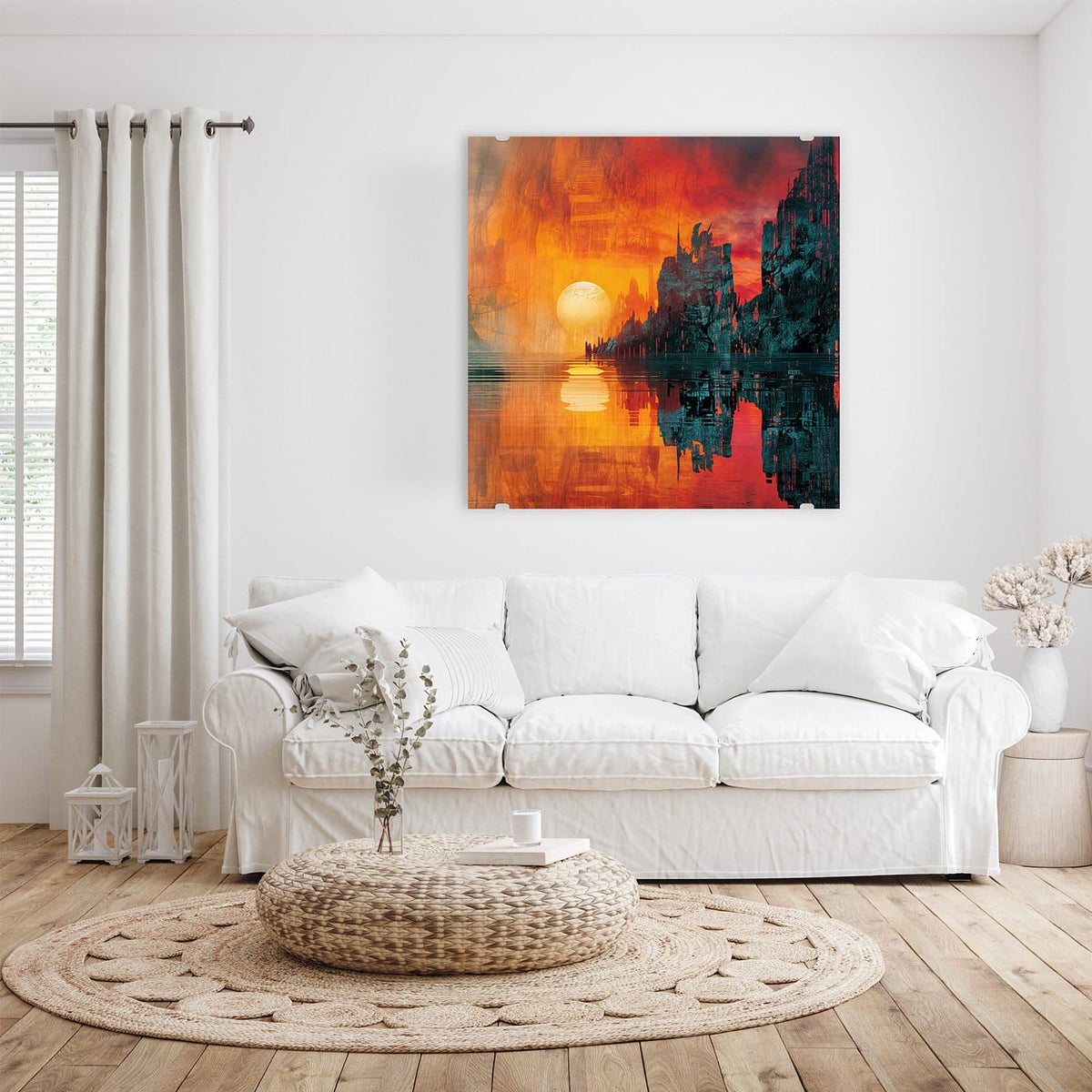 Glasbild Sonne zwischen Felsen an der Wand – Große bleiche Sonne zwischen dunklen, zerklüfteten Felswänden, Spiegelung im Wasser, Orange-Rot-Verlauf
