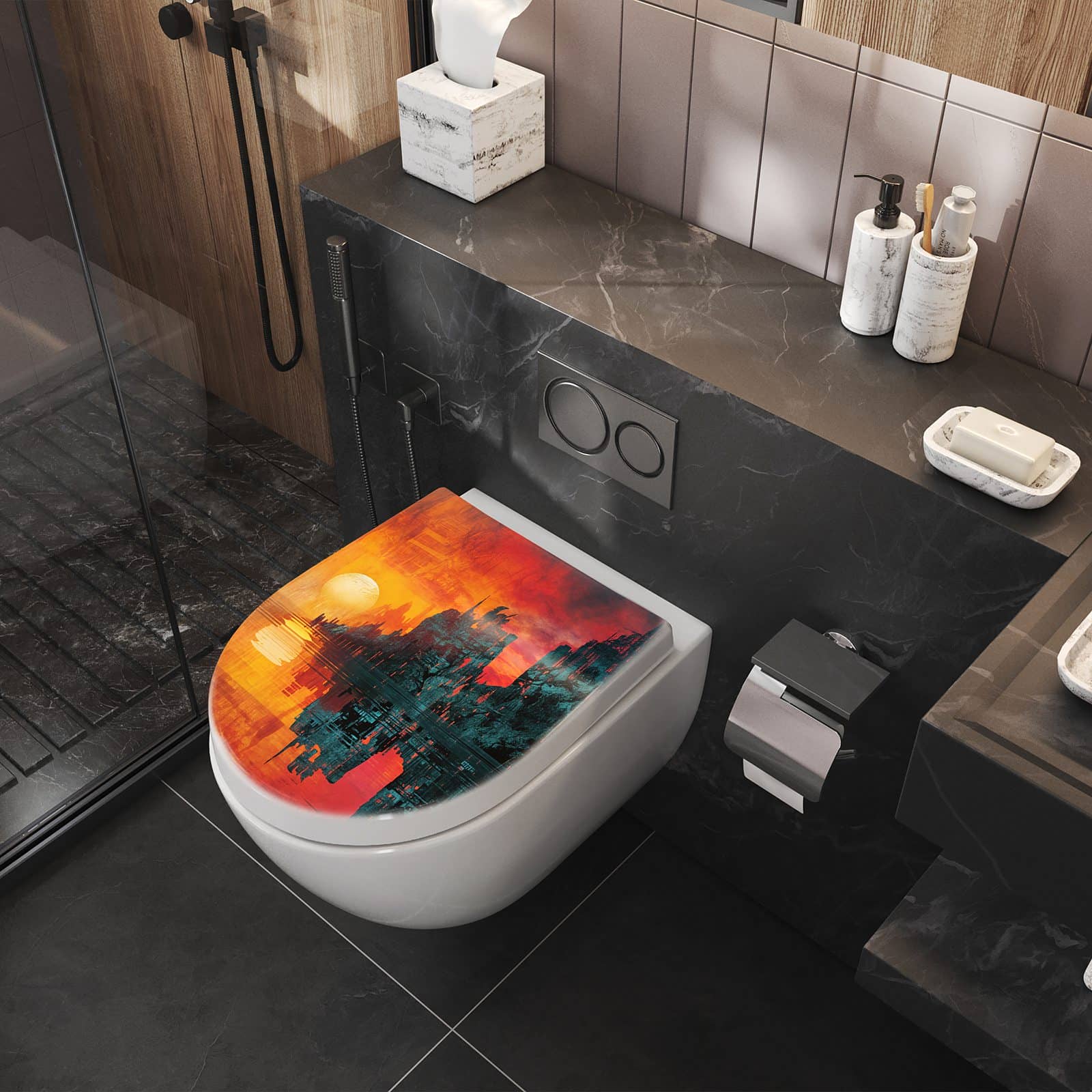 WC-Sitz mit Absenkautomatik Sonnenuntergang Stadt