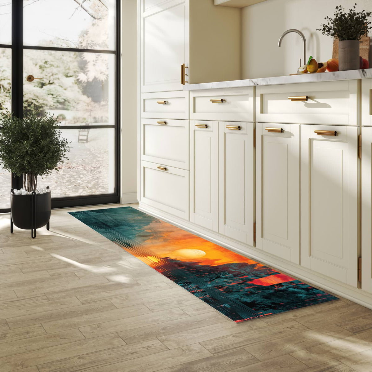 Küchenteppich mit Motiv Sonnenuntergang Stadt für Ordnung in heller Küche