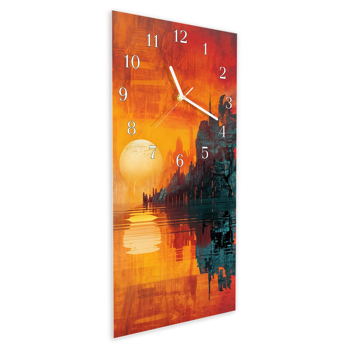 Vormontiert – mit Schwebeeffekt – Wanduhr Sonnenuntergang Stadt aus Glas – Hochformat 30 × 60 cm
