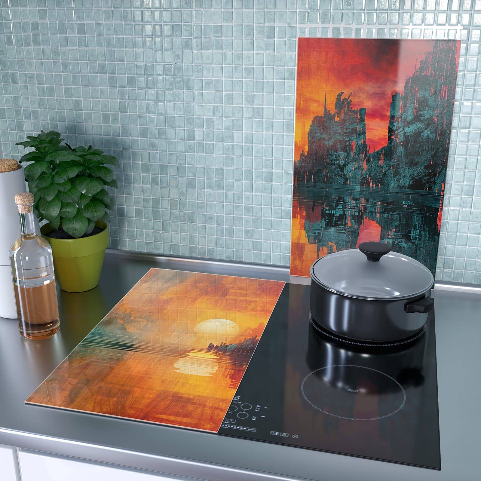 2-teilige Herdabdeckplatte aus Glas mit Sonnenuntergang Stadt-Motiv als Spritzschutz hinter dem Kochfeld