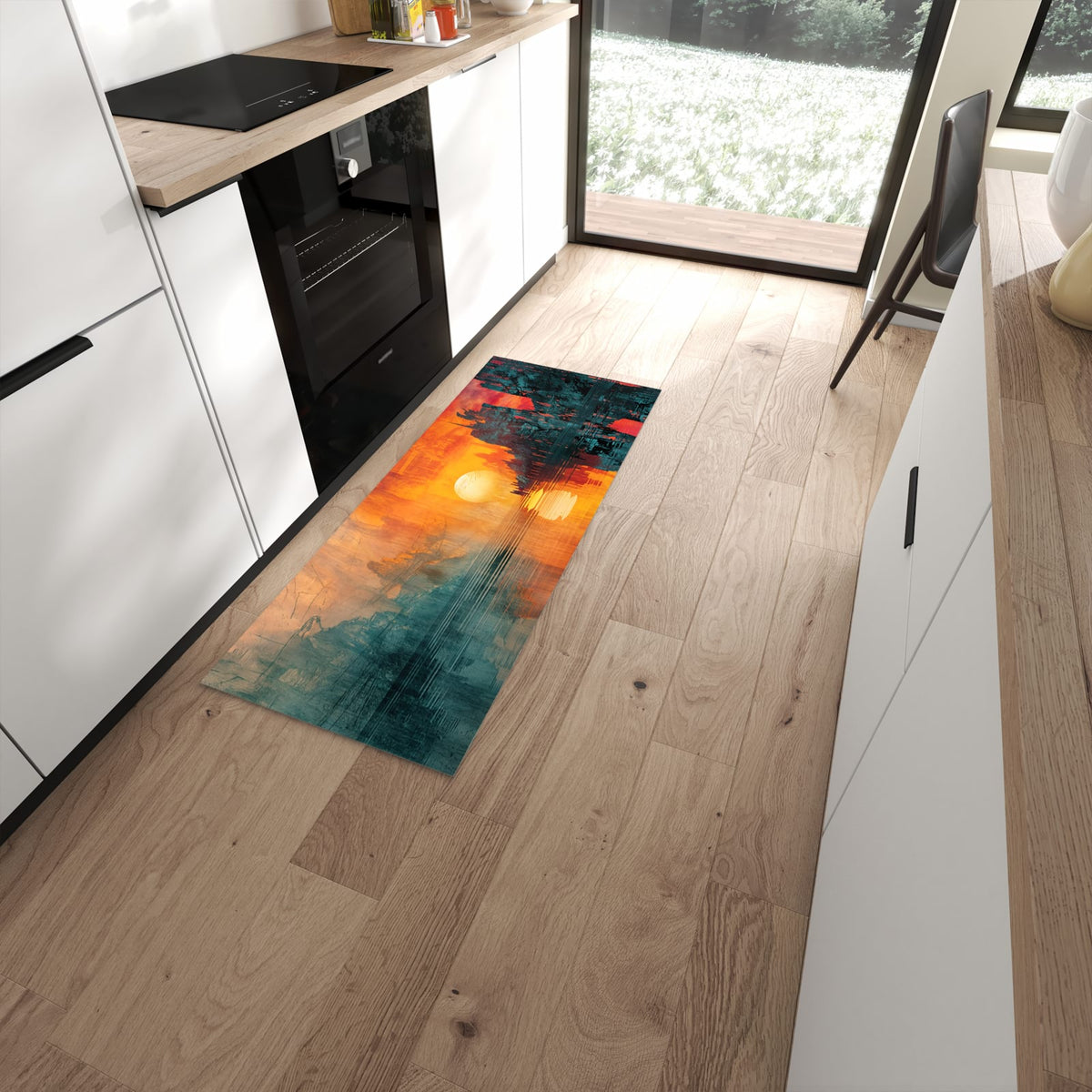 Langlebiger waschbarer Küchenteppich mit Motiv Sonnenuntergang Stadt in moderner Küche #grösse_60 x 150 cm