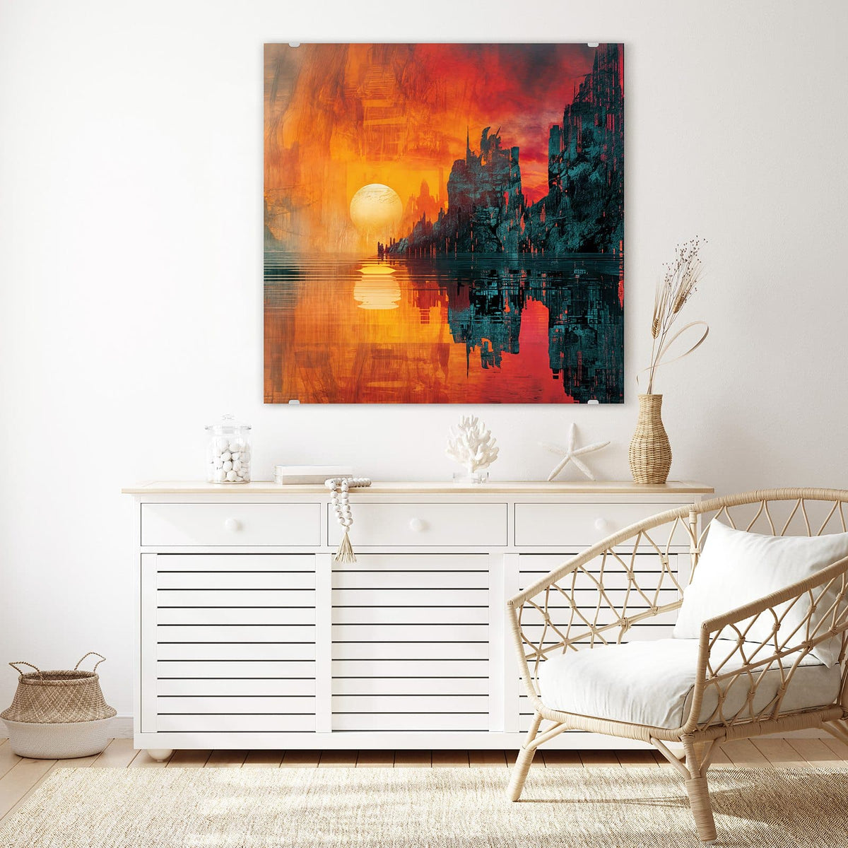 Echtglas, 4 mm – kein Acryl, keine Folie – Wandbild - Sonne zwischen Felsen - Quadratisch