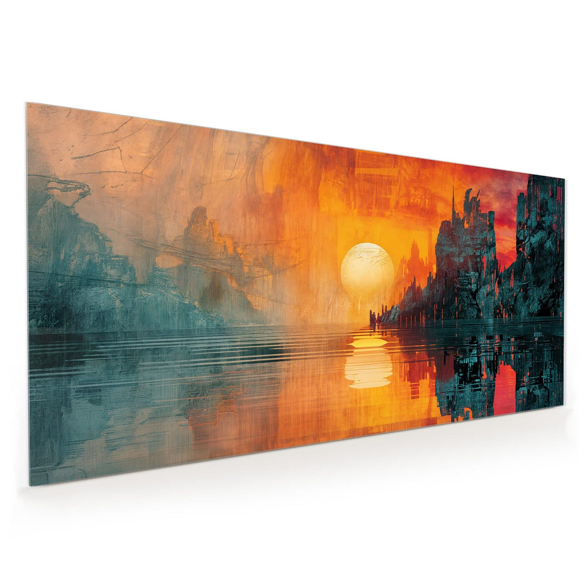 Küchenrückwand aus Glas im Hochformat: Große bleiche Sonne zwischen dunklen, zerklüfteten Felswänden, Spiegelung im Wasser, Orange-Rot-Verlauf