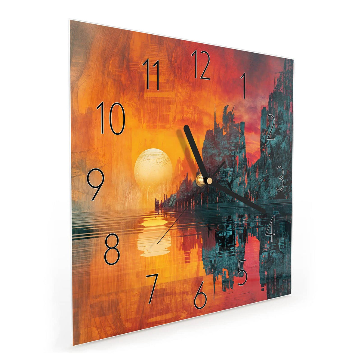 Quadratische Wanduhr aus Glas Sonne zwischen Felsen schräg von der Seite, 4 mm starkes Glas