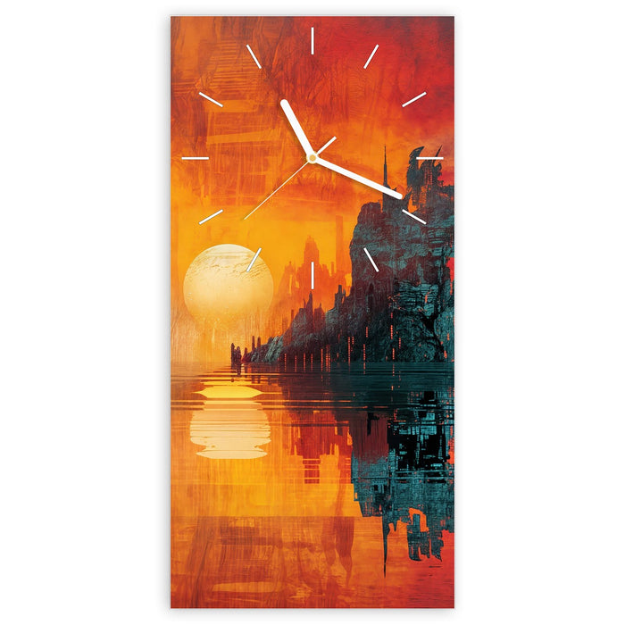 Wanduhr Sonnenuntergang Stadt aus Glas – Hochformat 30 × 60 cm mit Ziffernblatt Linie