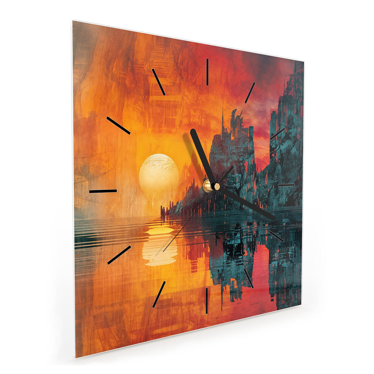 Quadratische Wanduhr aus Glas Sonne zwischen Felsen schräg von der Seite, 4 mm starkes Glas