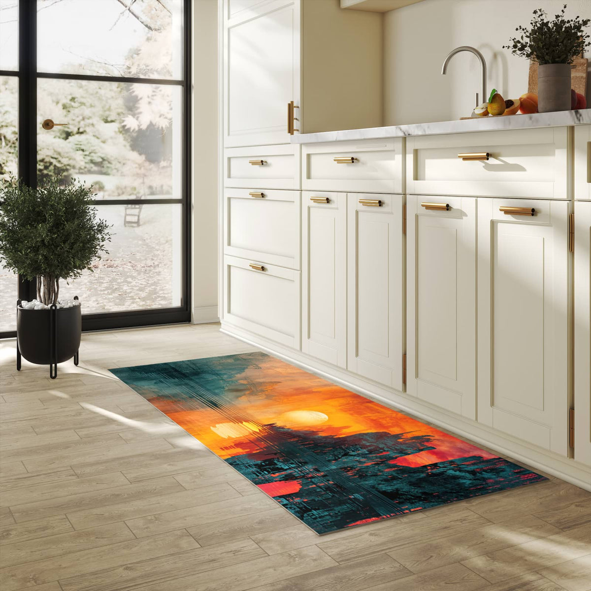 Formstabiler Küchenteppich mit Motiv Sonnenuntergang Stadt in heller Küche