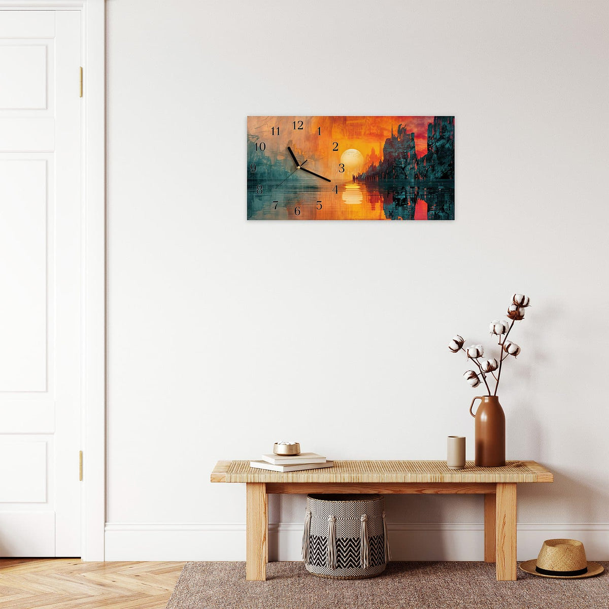 Moderne Wanduhr aus Glas mit Farbtiefe – Wanduhr Sonnenuntergang Stadt aus Glas – Querformat 60 × 30 cm