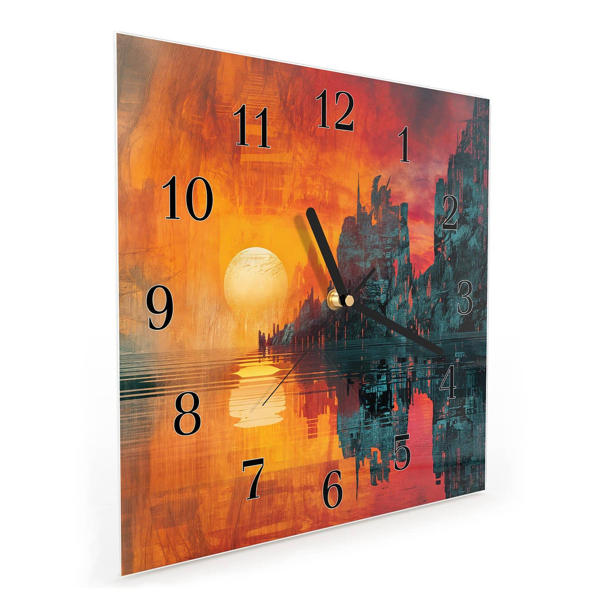 Quadratische Wanduhr aus Glas Sonne zwischen Felsen schräg von der Seite, 4 mm starkes Glas