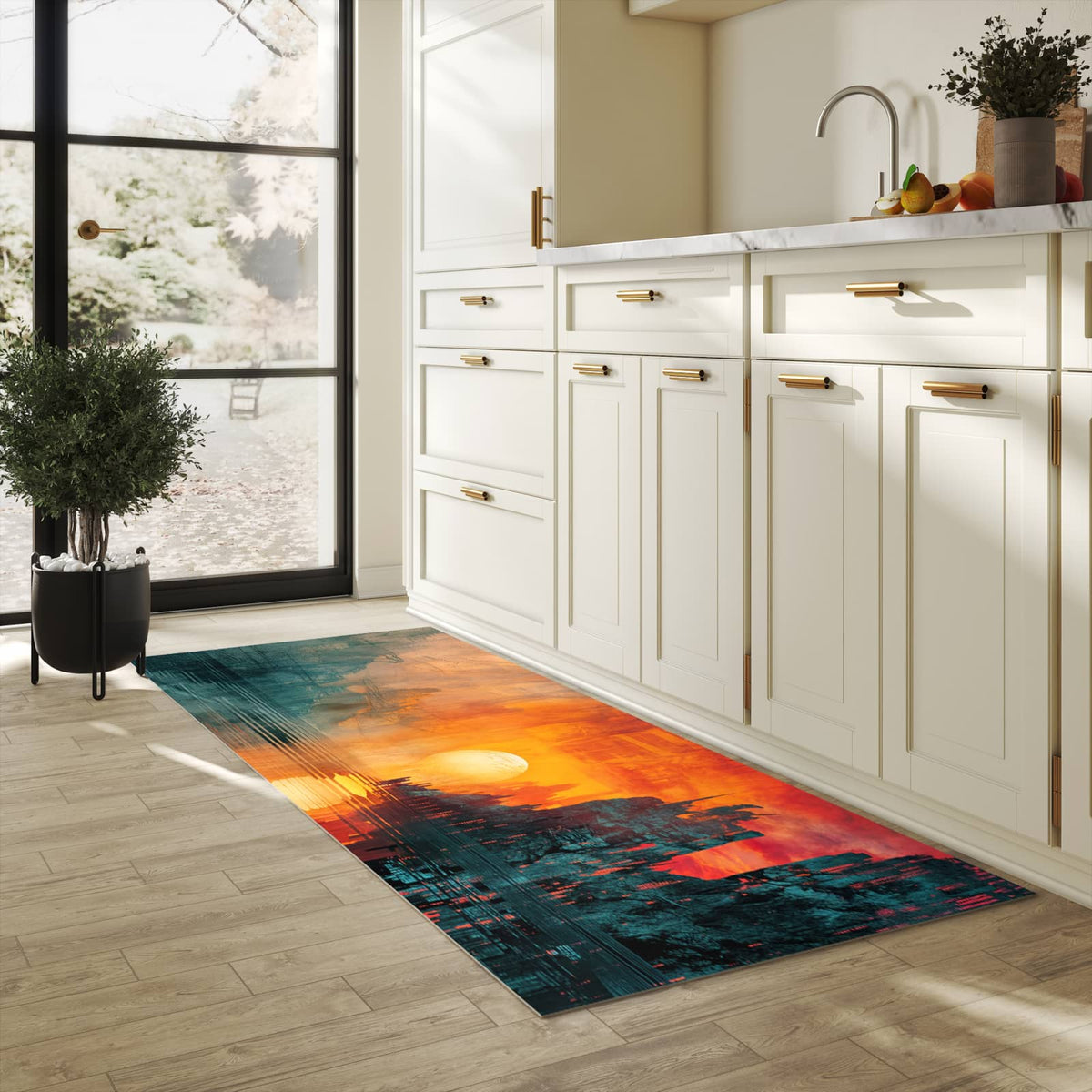 UV-beständiger Küchenvorleger mit Motiv Sonnenuntergang Stadt in heller Küche