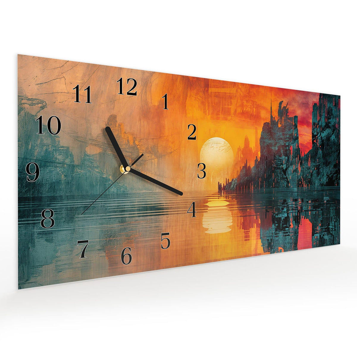 Vormontiert – mit Schwebeeffekt – Wanduhr Sonnenuntergang Stadt aus Glas – Querformat 60 × 30 cm