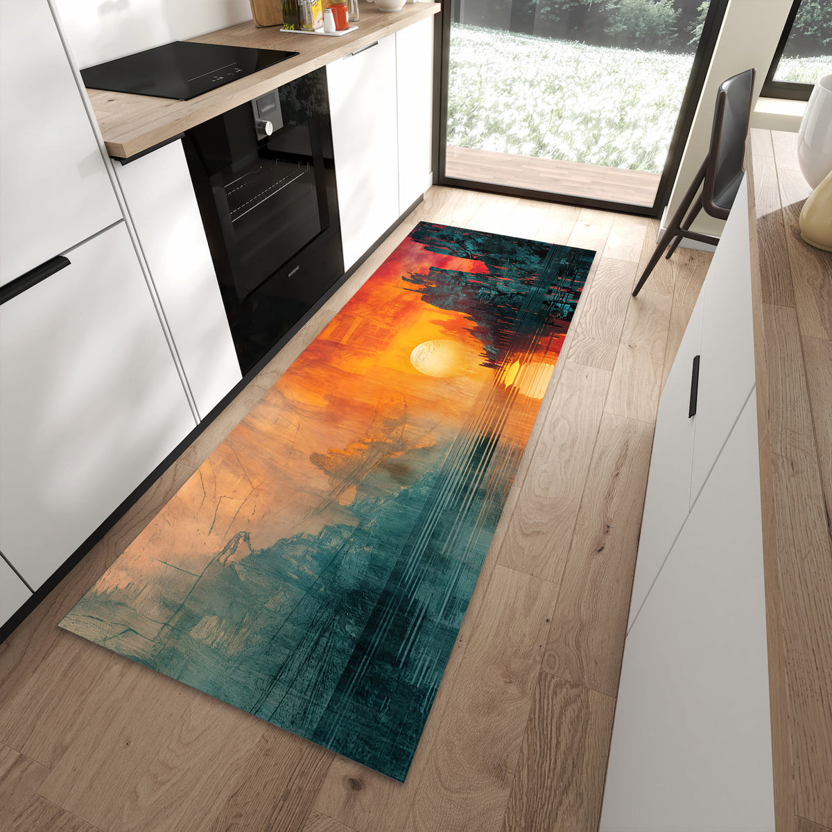 Abriebfester rutschfester Küchenläufer mit Motiv Sonnenuntergang Stadt in moderner Küche