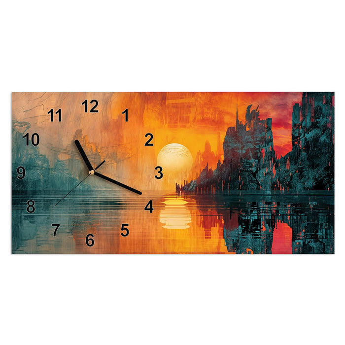 Wanduhr Sonnenuntergang Stadt aus Glas – Querformat 60 × 30 cm mit Ziffernblatt Modern