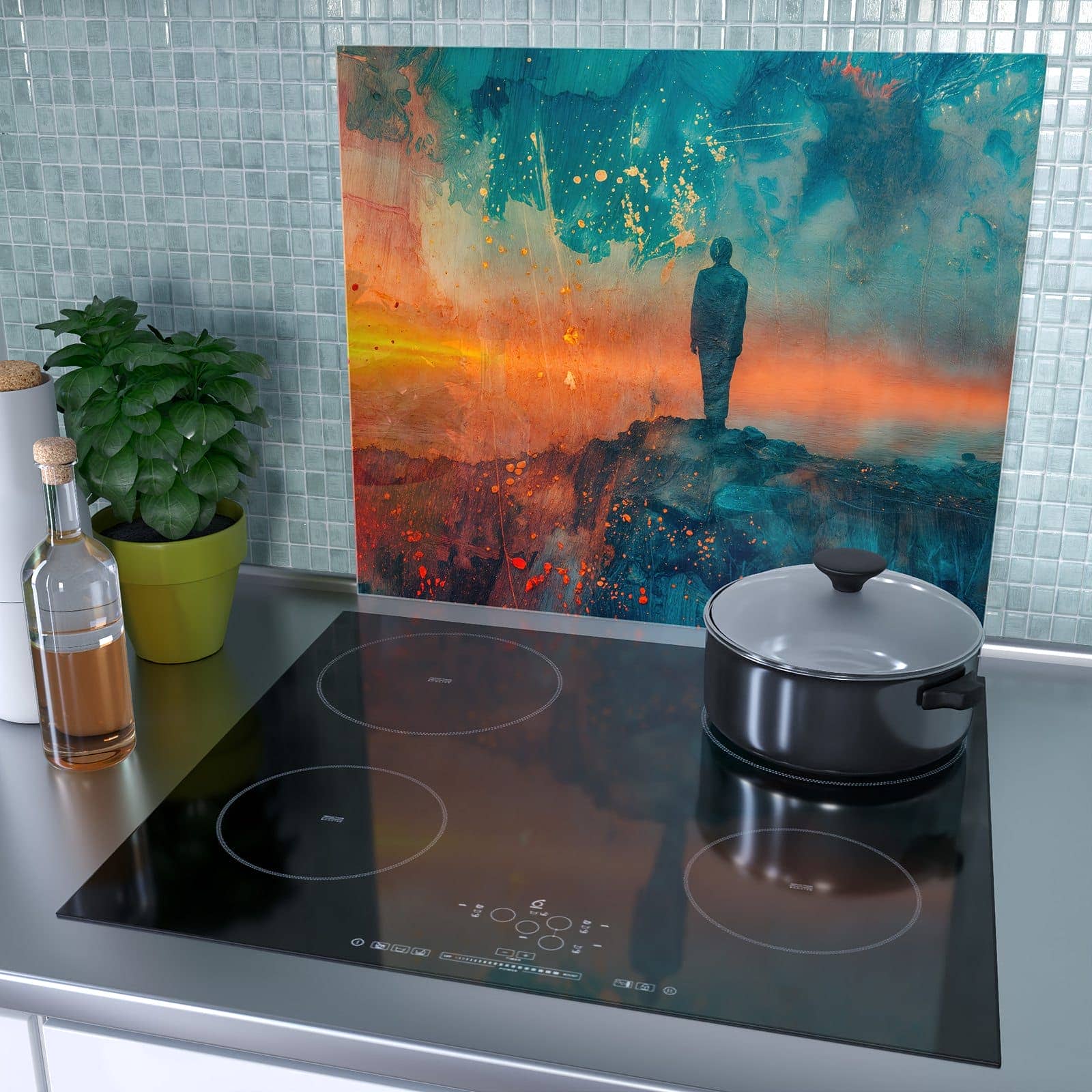 1-teilige Herdabdeckplatte aus Glas mit Abstrakte Sonnenaufgang-Motiv als Spritzschutz hinter dem Kochfeld