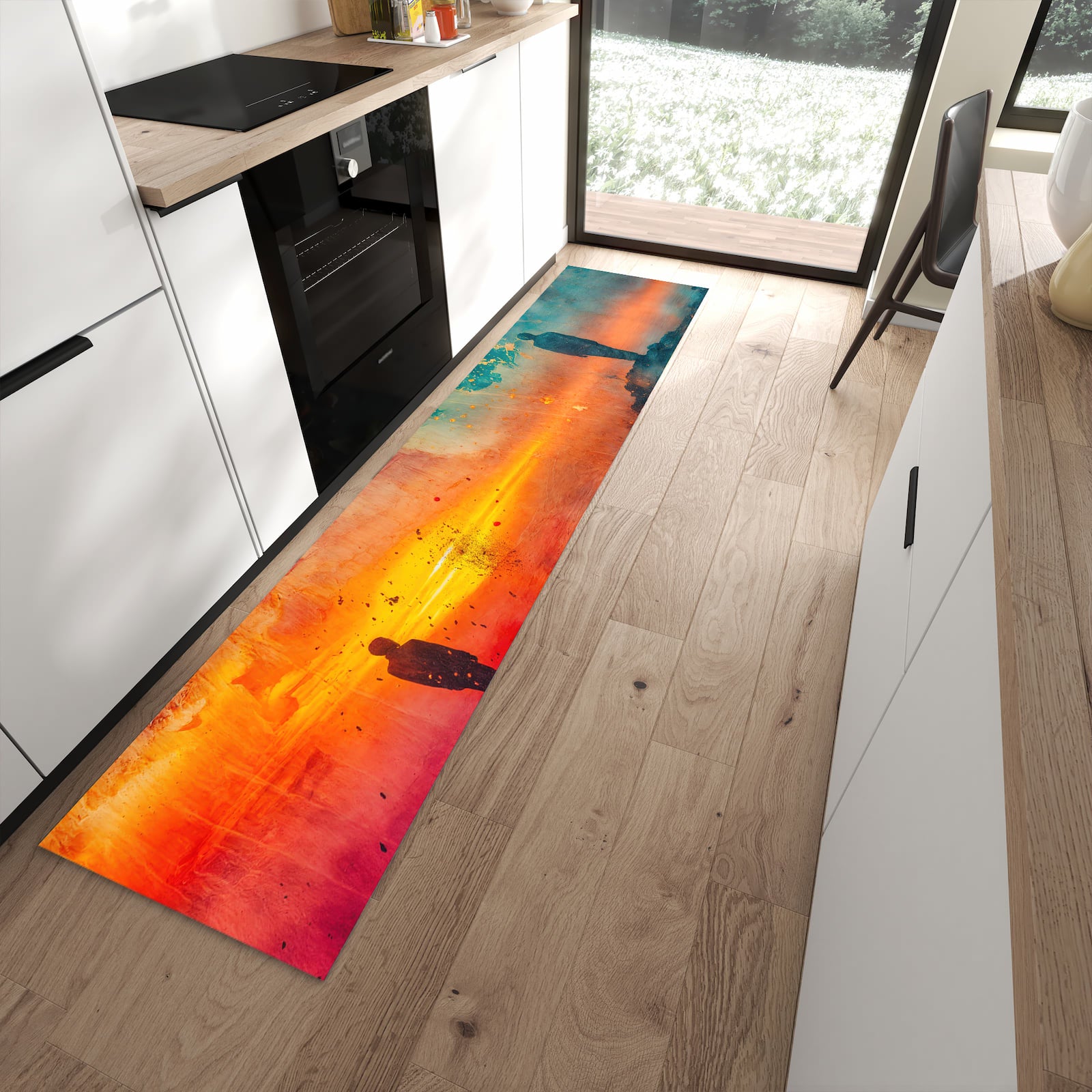 Schmutzabweisender Küchenteppich mit Motiv Abstrakte Sonnenaufgang in moderner Küche