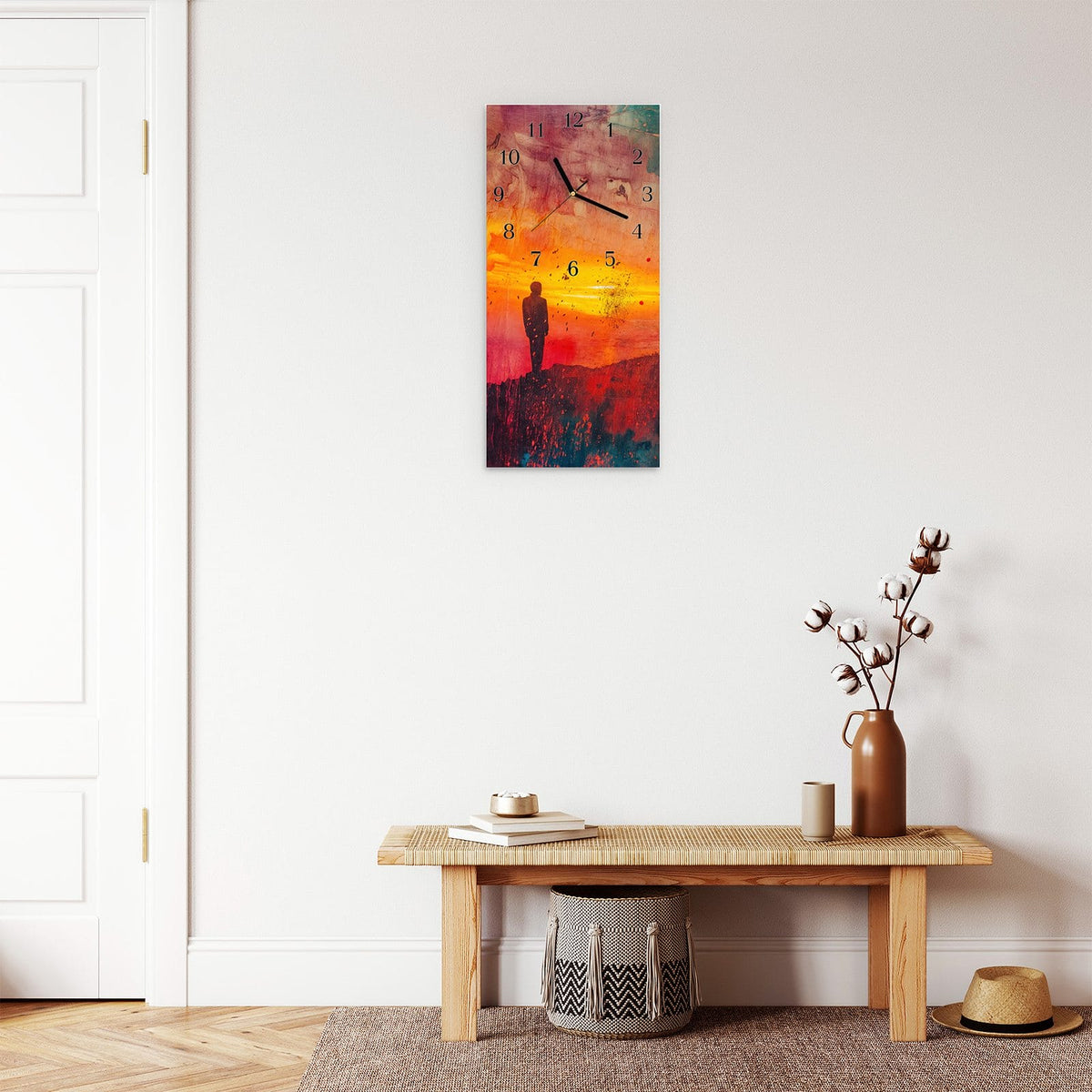 Moderne Wanduhr aus Glas mit Farbtiefe – Wanduhr Abstrakte Sonnenaufgang aus Glas – Hochformat 30 × 60 cm