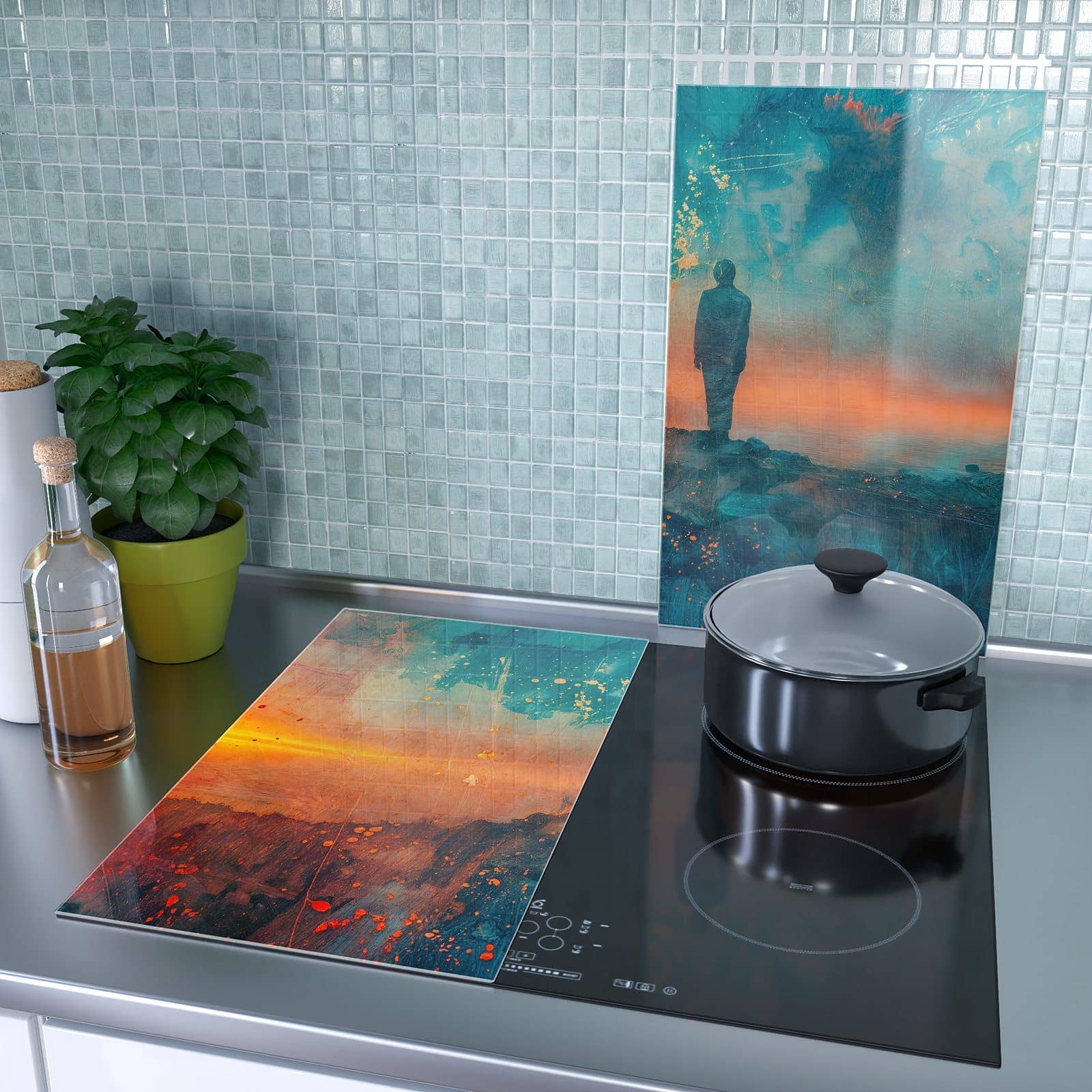 2-teilige Herdabdeckplatten mit Abstrakte Sonnenaufgang-Motiv als Spritzschutz hinter dem Kochfeld
