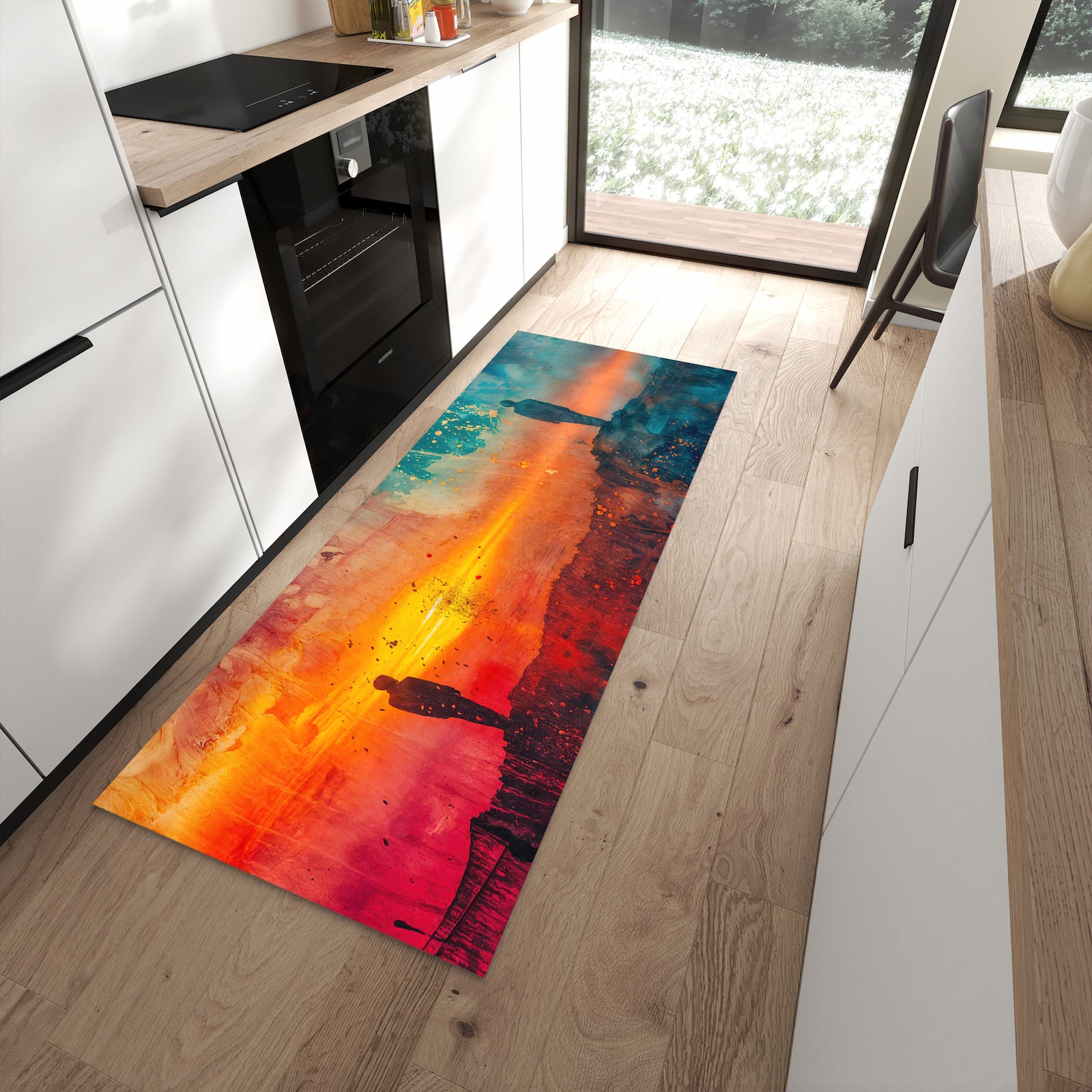 Flacher Küchenläufer mit Motiv Abstrakte Sonnenaufgang in moderner Küche