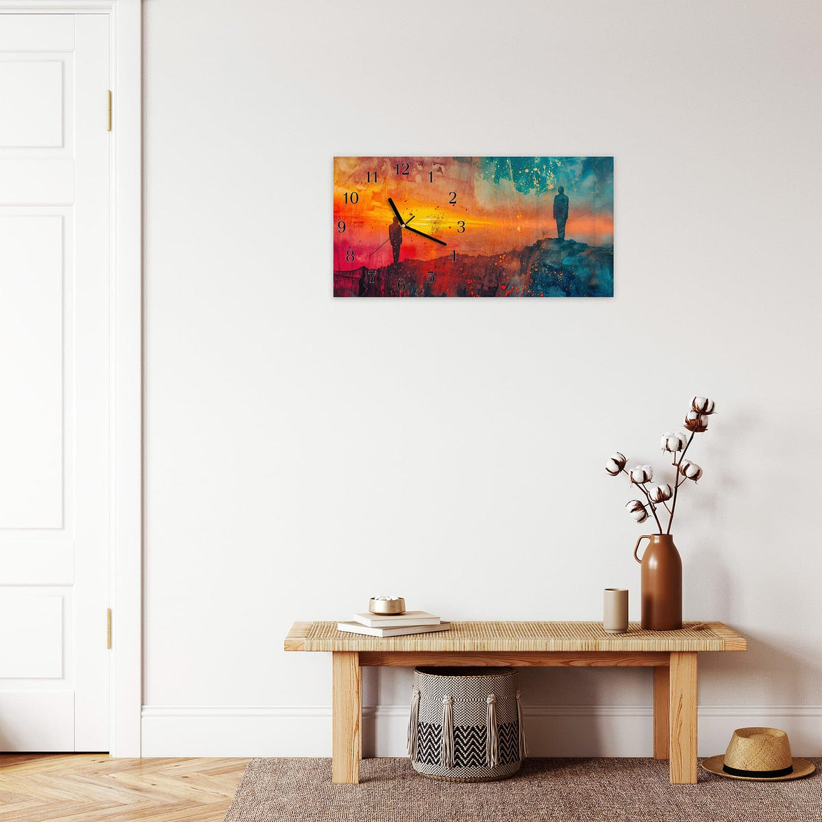 Moderne Wanduhr aus Glas mit Farbtiefe – Wanduhr Abstrakte Sonnenaufgang aus Glas – Querformat 60 × 30 cm