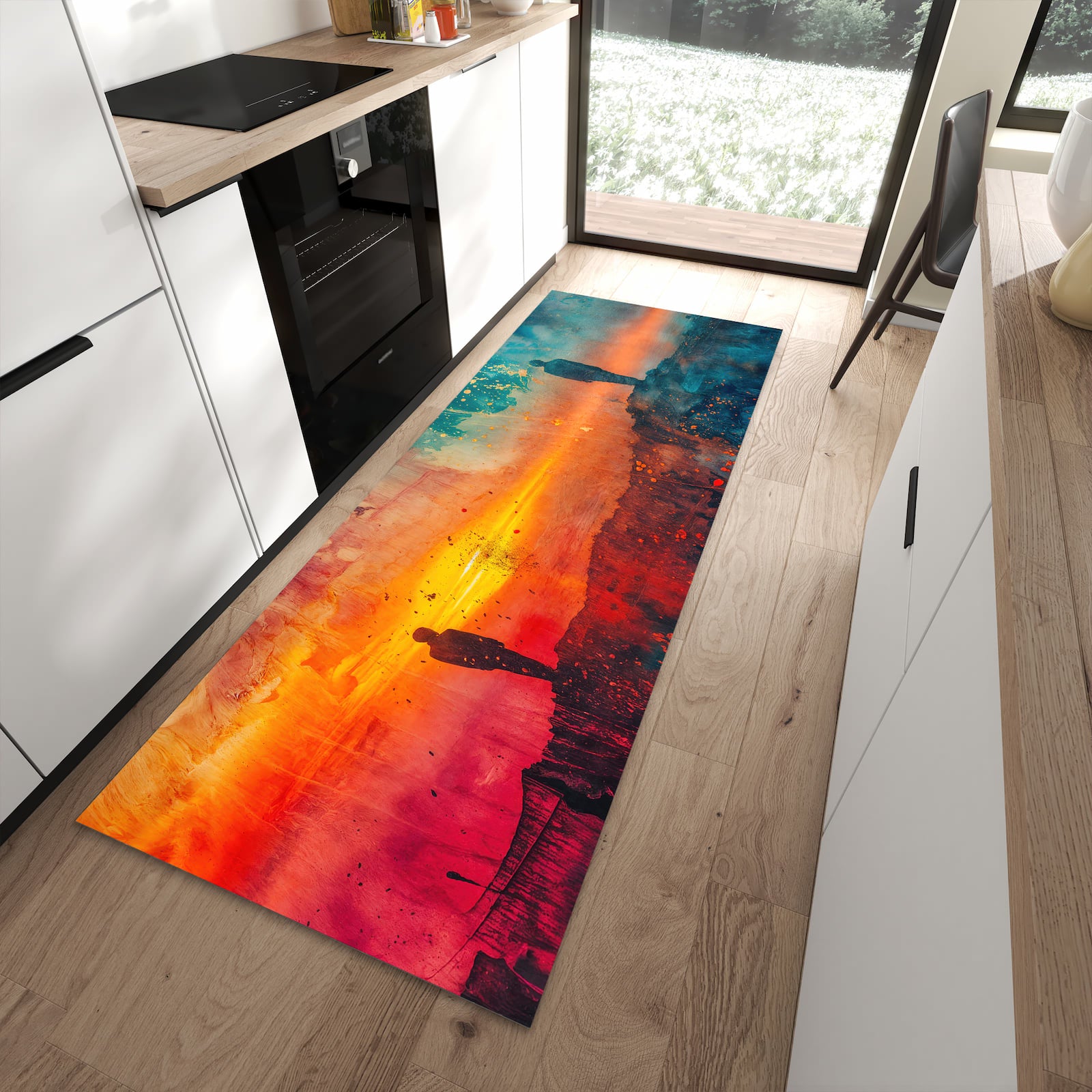 Strapazierfähiger Küchenteppich mit Motiv Abstrakte Sonnenaufgang in moderner Küche