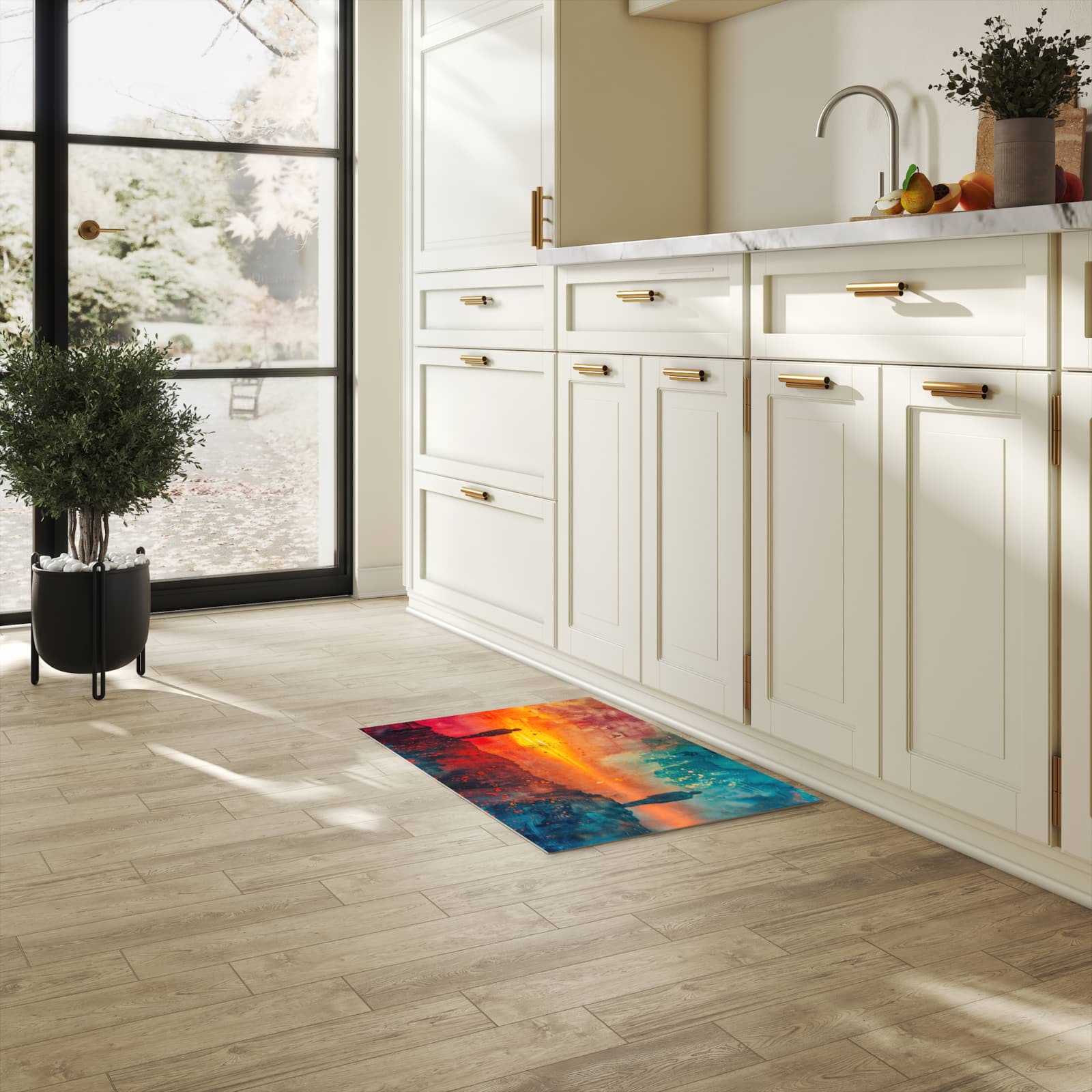 Komfortabler rutschfester Küchenläufer mit Motiv Abstrakte Sonnenaufgang in heller Küche