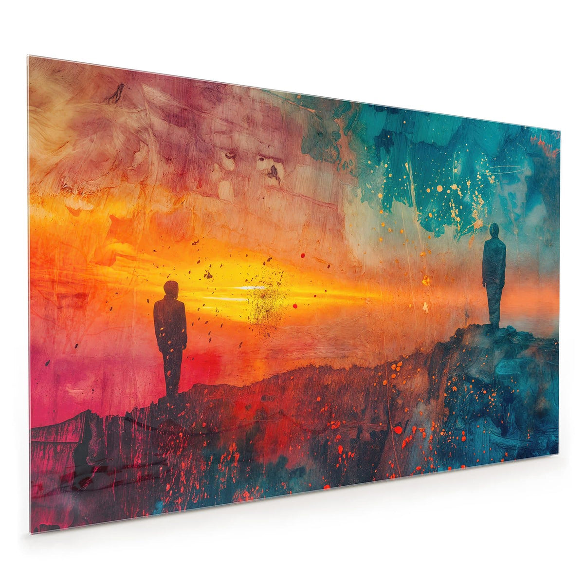 Küchenrückwand aus Glas im Hochformat: Eine einzelne Silhouette auf einem Felsen vor türkisem Himmel und orange glühendem Horizont über Wasser
