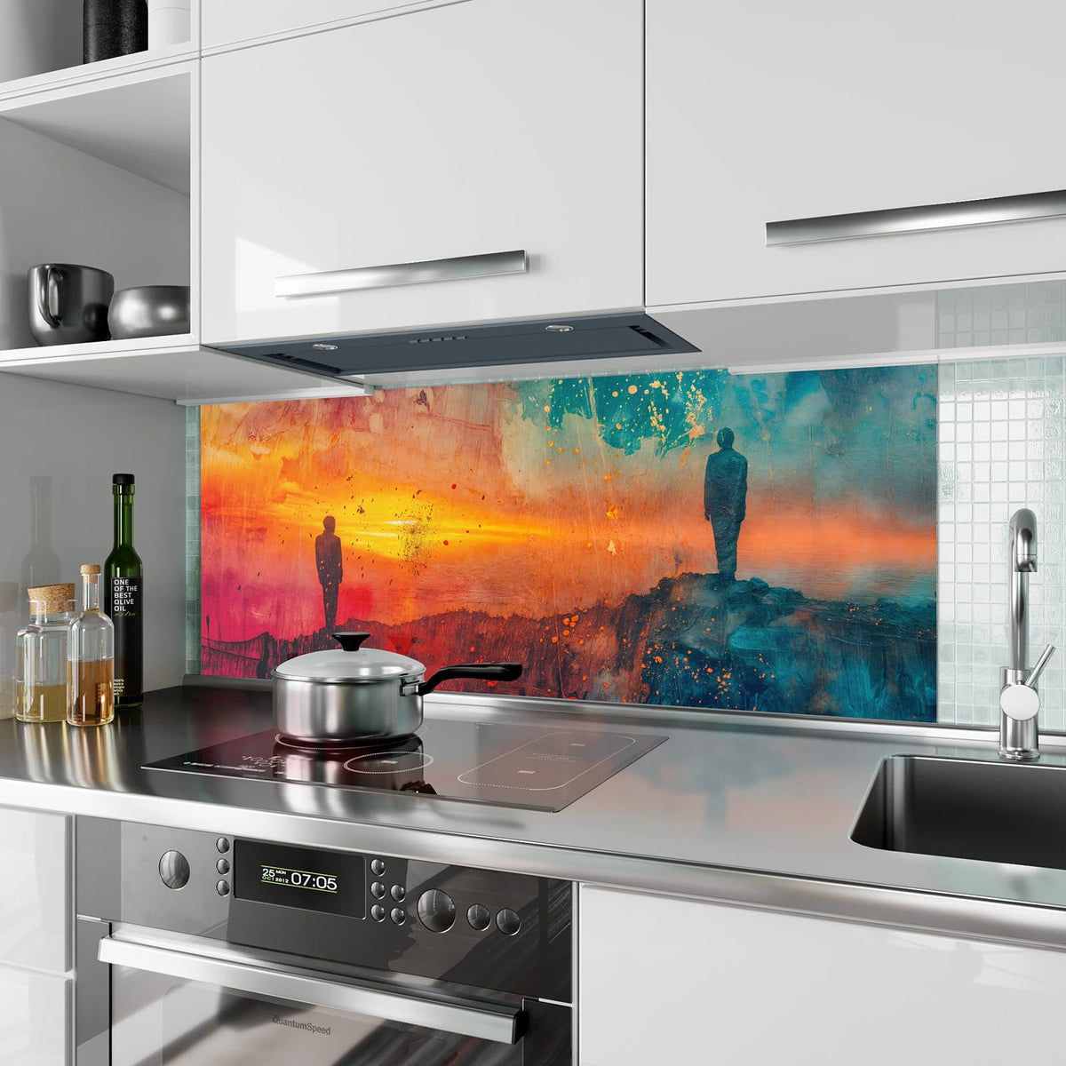 Küchenrückwand aus Glas Silhouette am Horizont im Hochformat als Spritzschutz hinter dem Kochfeld, über dem Fliesenspiegel montiert