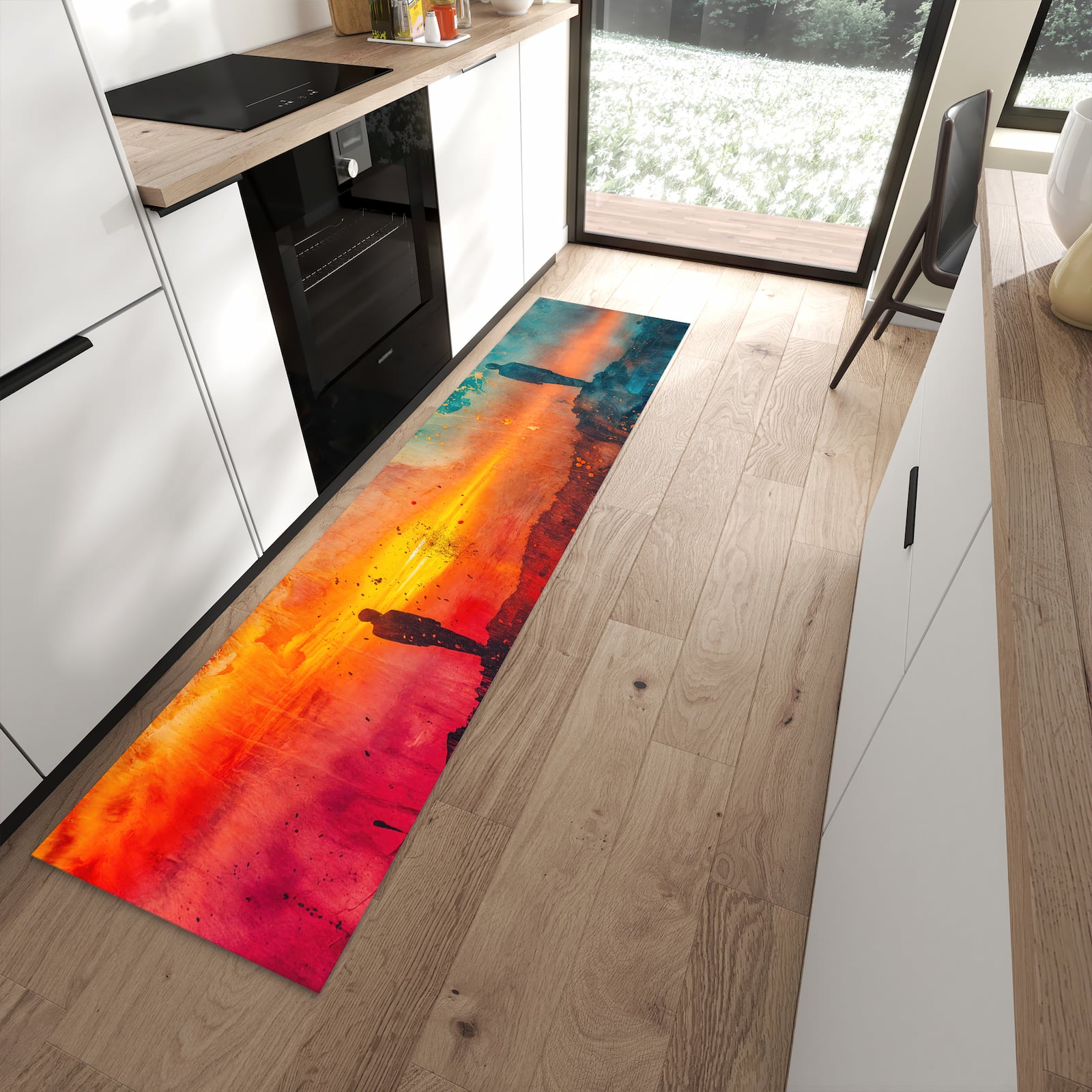 Fleckenresistenter Küchenteppich mit Motiv Abstrakte Sonnenaufgang in moderner Küche