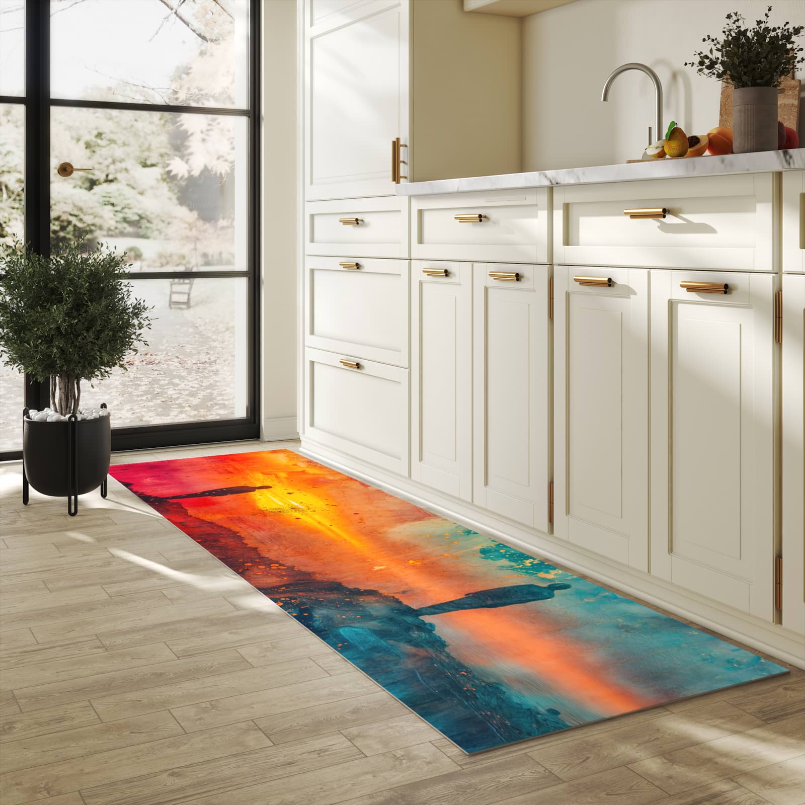 Waschbarer Küchenläufer mit Motiv Abstrakte Sonnenaufgang in heller Küche für angenehme Haptik