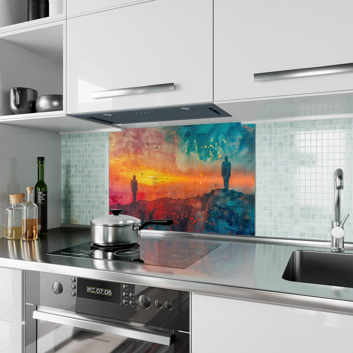 Küchenrückwand aus Glas Silhouette am Horizont im Hochformat als Spritzschutz hinter dem Kochfeld, über dem Fliesenspiegel montiert