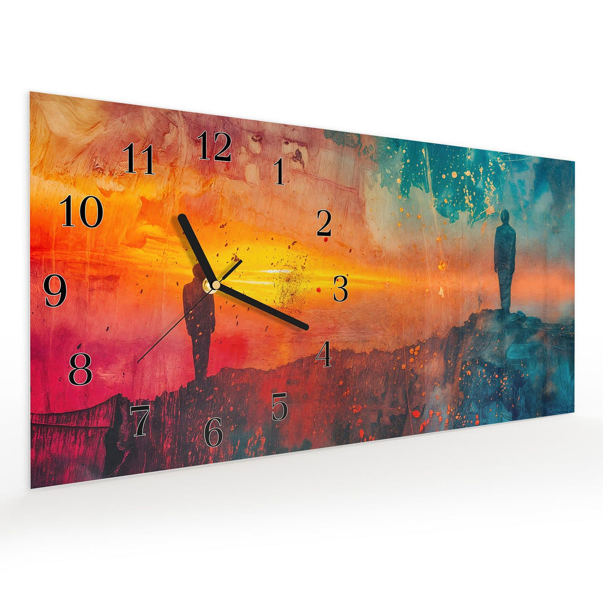 Vormontiert – mit Schwebeeffekt – Wanduhr Abstrakte Sonnenaufgang aus Glas – Querformat 60 × 30 cm