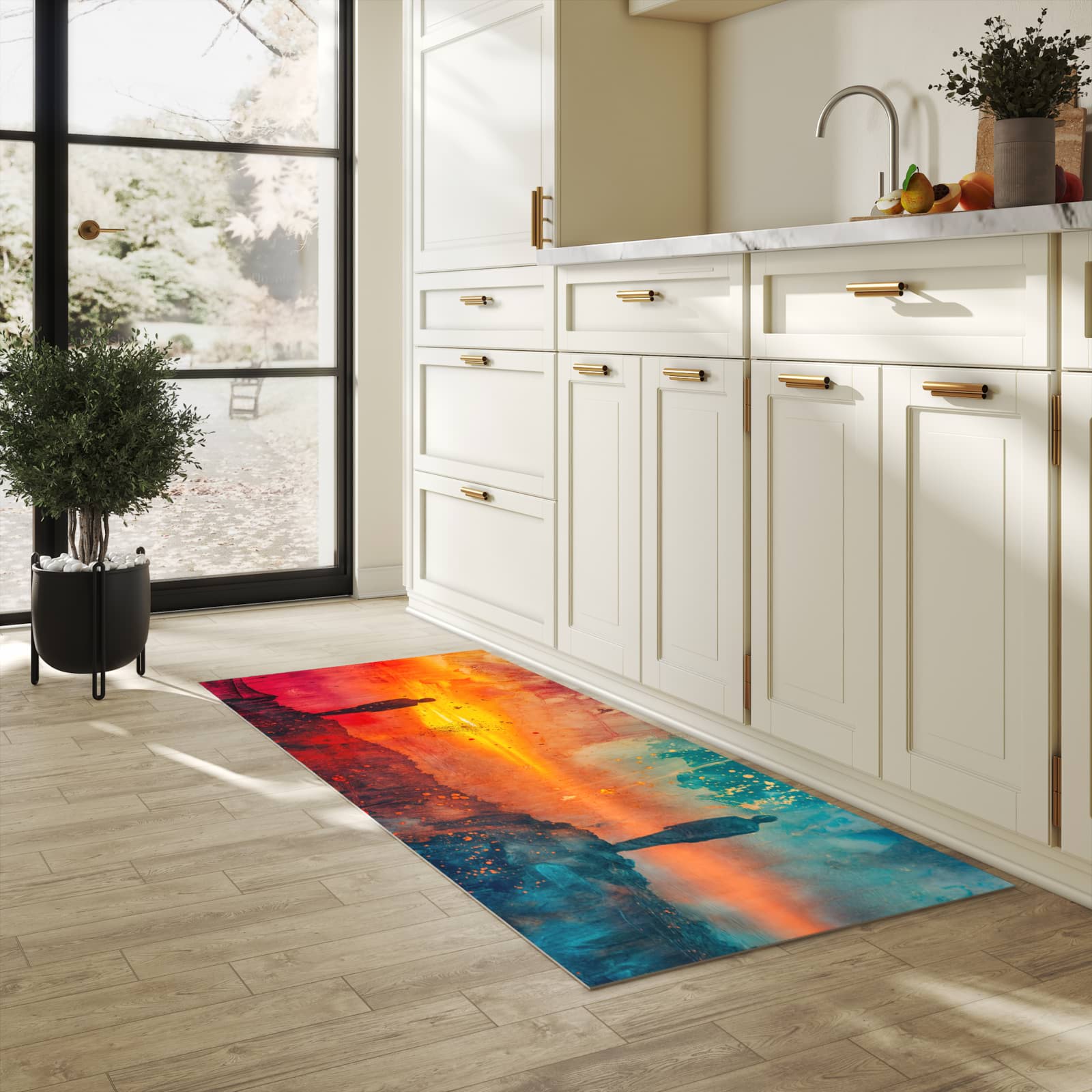 Rutschfester Küchenläufer mit Motiv Abstrakte Sonnenaufgang in heller Küche