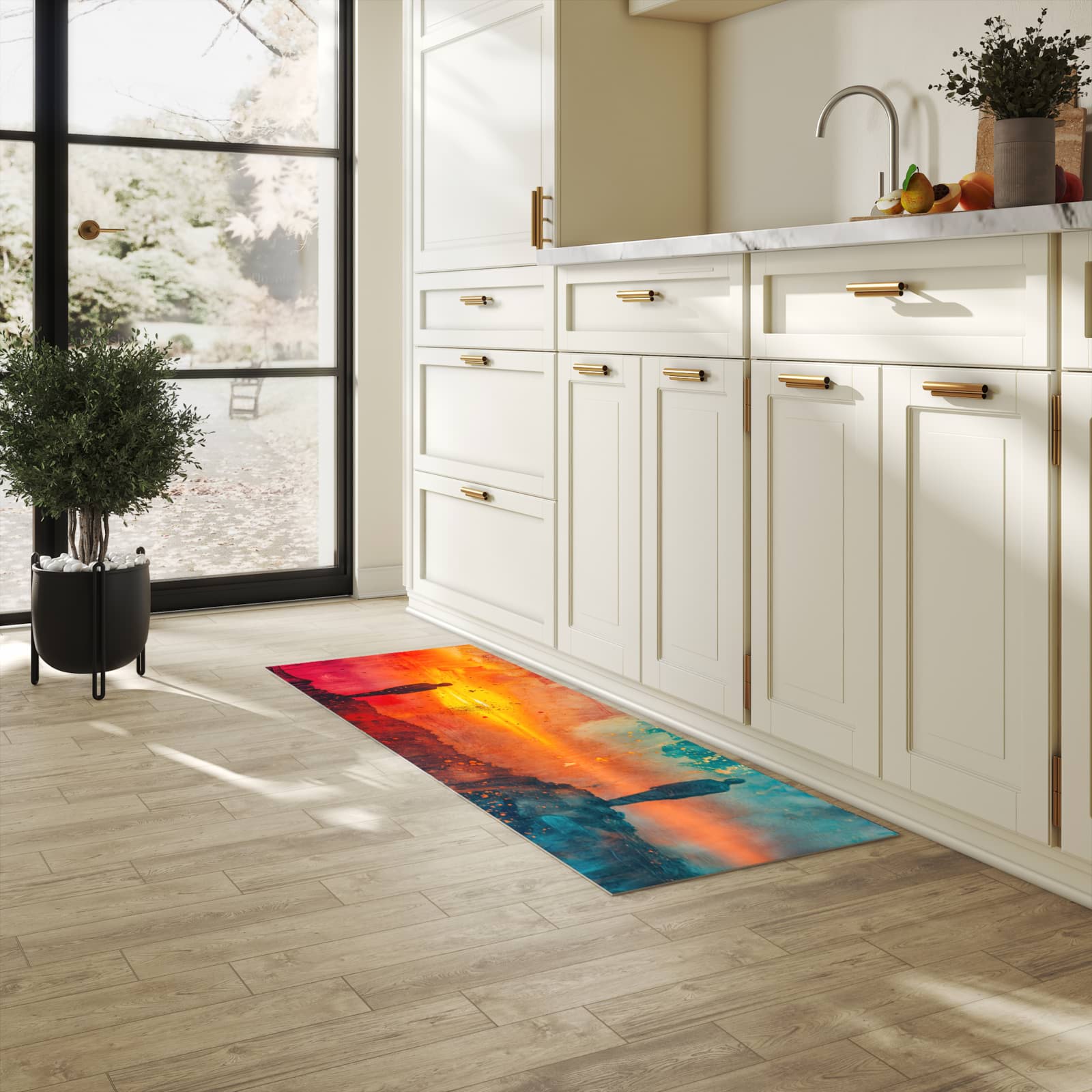 Geruchsneutraler rutschfester Küchenläufer mit Motiv Abstrakte Sonnenaufgang in heller Küche