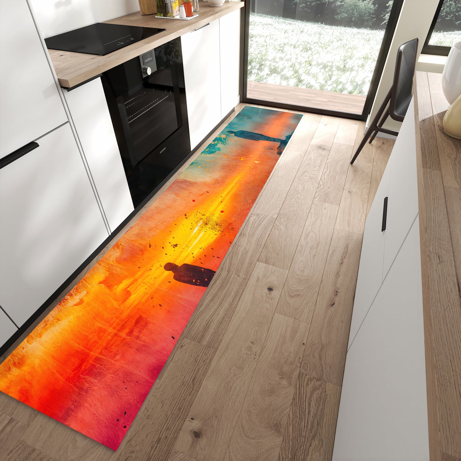 Geruchsneutraler Teppich in Küche mit Motiv Abstrakte Sonnenaufgang in moderner Küche