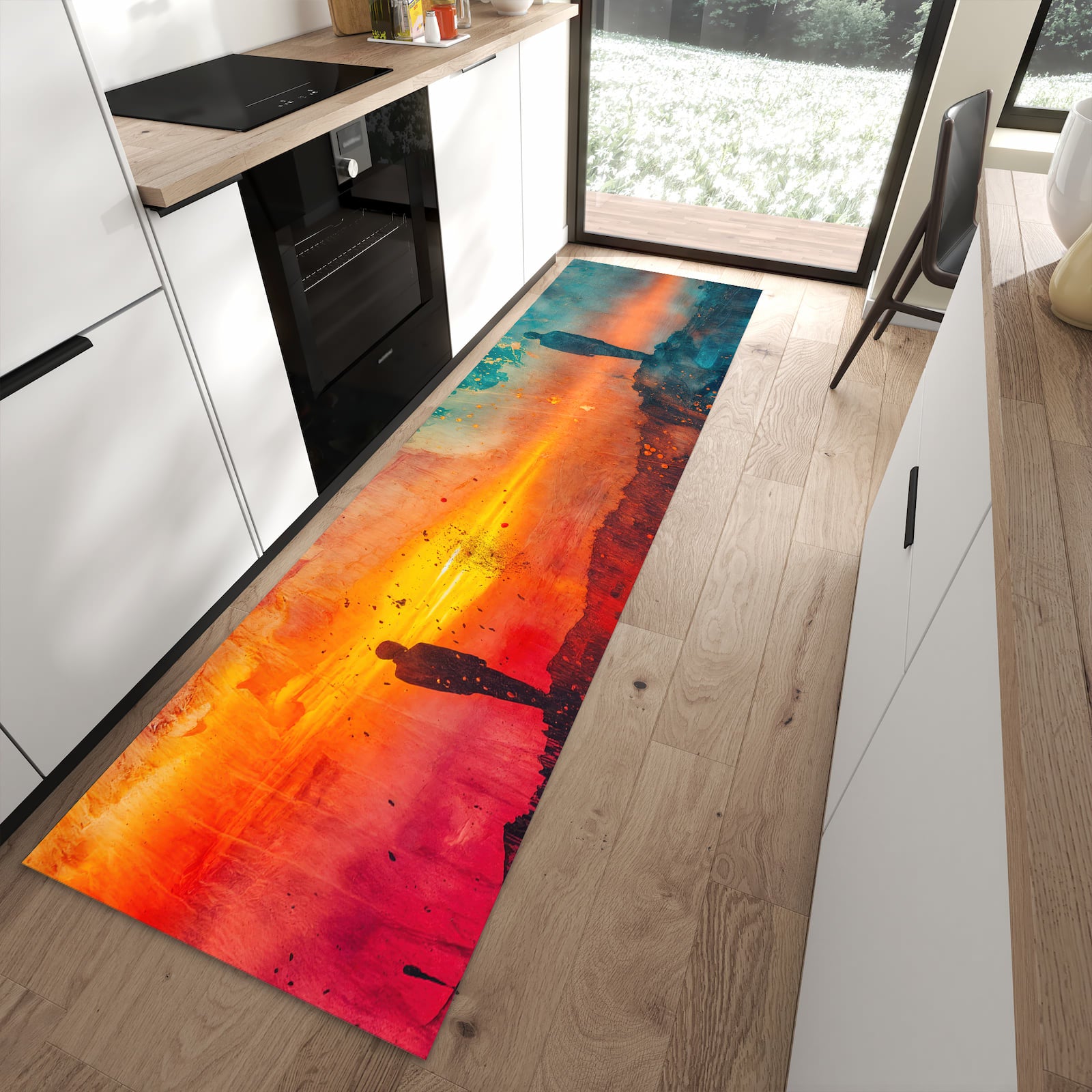 Waschbarer Küchenteppich mit Motiv Abstrakte Sonnenaufgang in moderner Küche