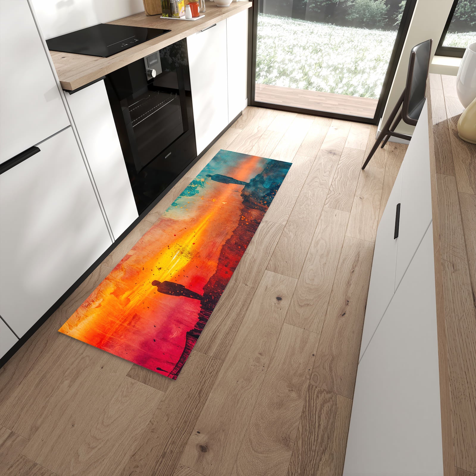 Wasserabweisender Teppich für die Küche mit Motiv Abstrakte Sonnenaufgang in moderner Küche
