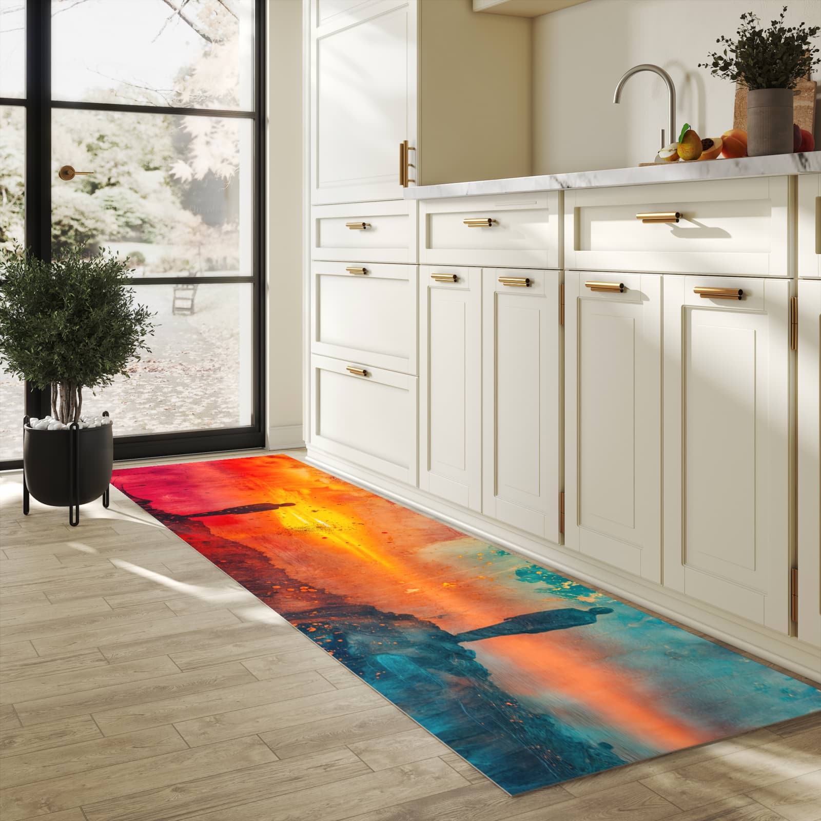 Hygienischer moderner Küchenläufer mit Motiv Abstrakte Sonnenaufgang in heller Küche