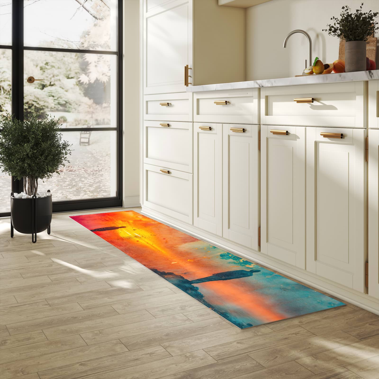 Flacher rutschfester Küchenläufer mit Motiv Abstrakte Sonnenaufgang in heller Küche