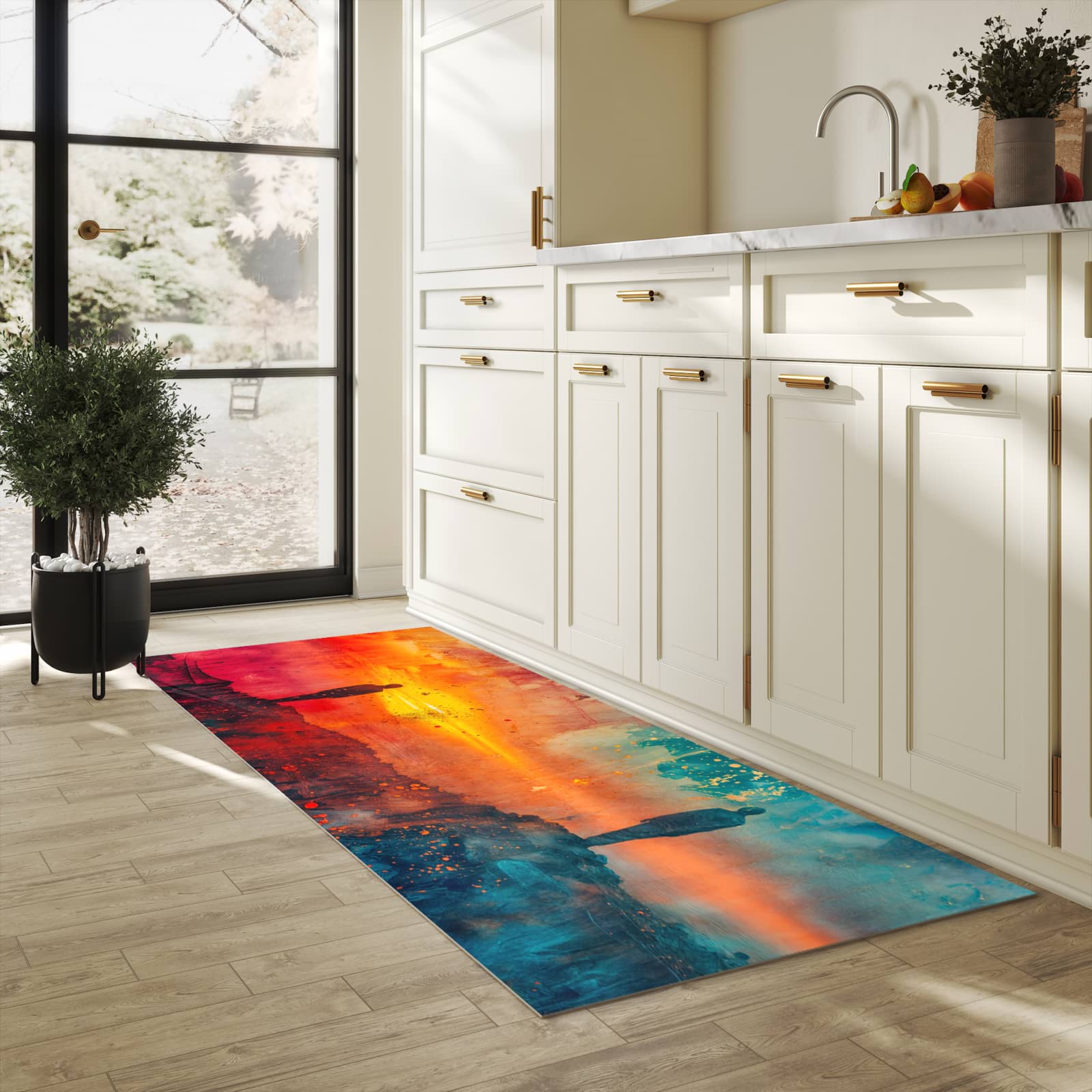 Abwaschbarer Küchenteppich mit Motiv Abstrakte Sonnenaufgang in heller Küche