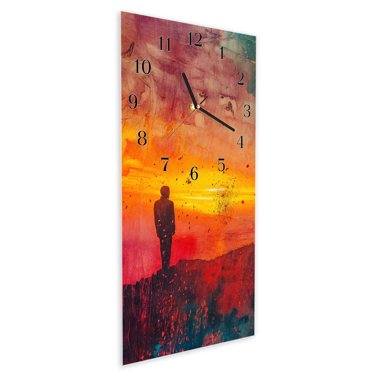 Vormontiert – mit Schwebeeffekt – Wanduhr Abstrakte Sonnenaufgang aus Glas – Hochformat 30 × 60 cm