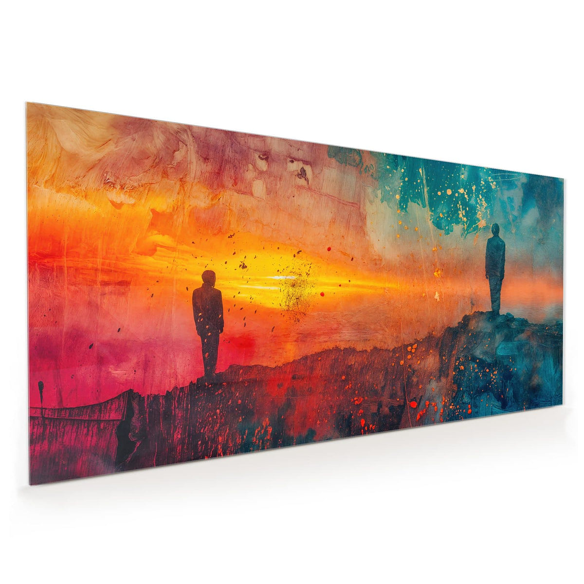Küchenrückwand aus Glas im Hochformat: Eine einzelne Silhouette auf einem Felsen vor türkisem Himmel und orange glühendem Horizont über Wasser