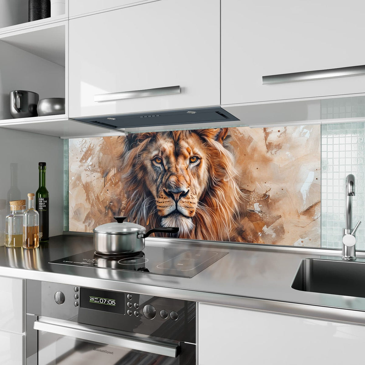 Küchenrückwand aus Glas Löwenporträt im Hochformat als Spritzschutz hinter dem Kochfeld, über dem Fliesenspiegel montiert