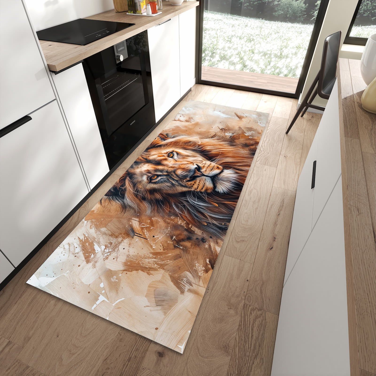 Abriebfester Küchenteppich mit Motiv Löwe Porträt in moderner Küche