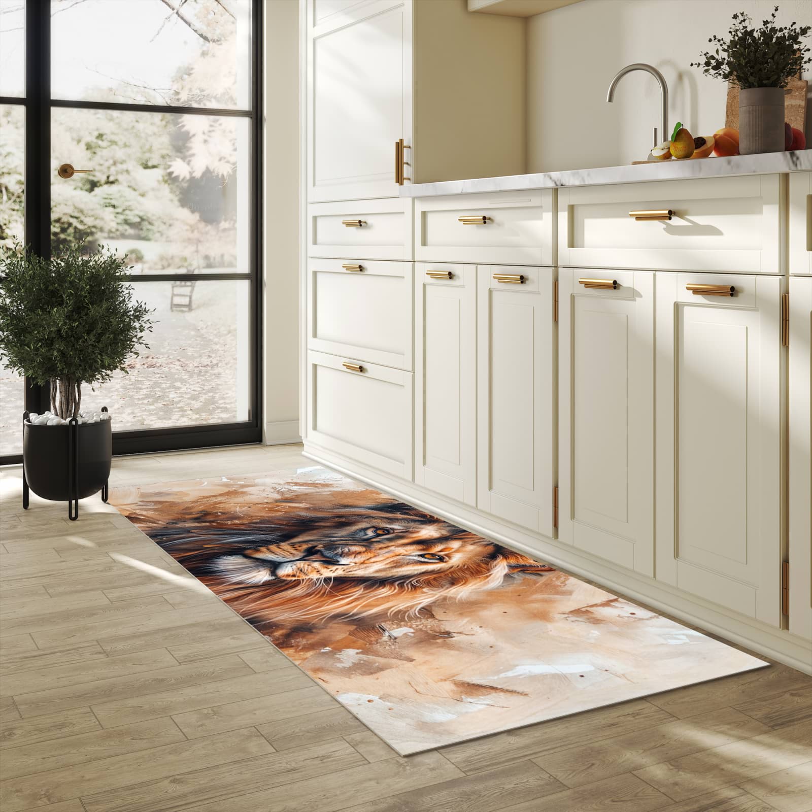Wasserabweisender Küchenläufer mit Motiv Löwe Porträt in heller Küche
