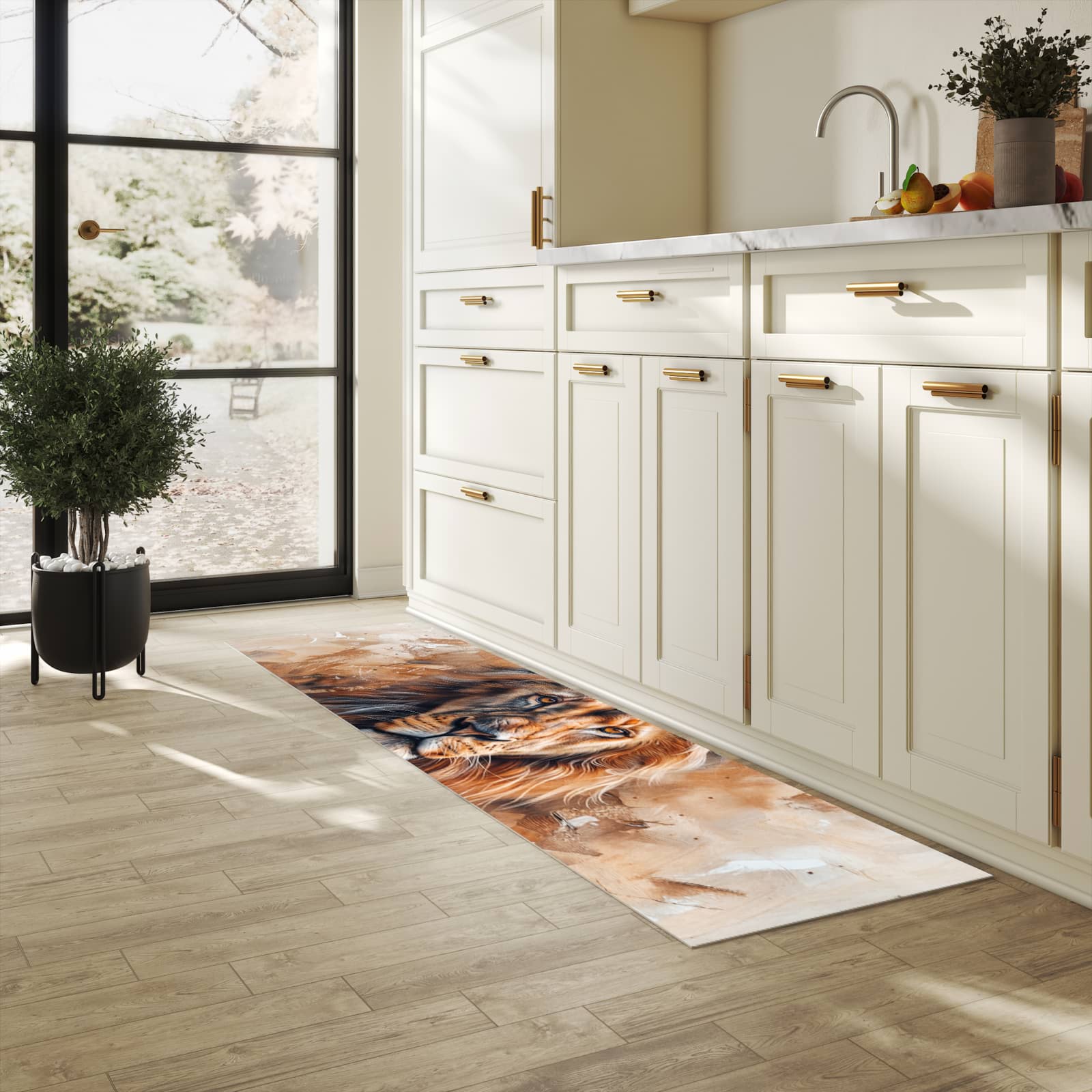 Bodenschonender waschbarer Küchenteppich mit Motiv Löwe Porträt in heller Küche