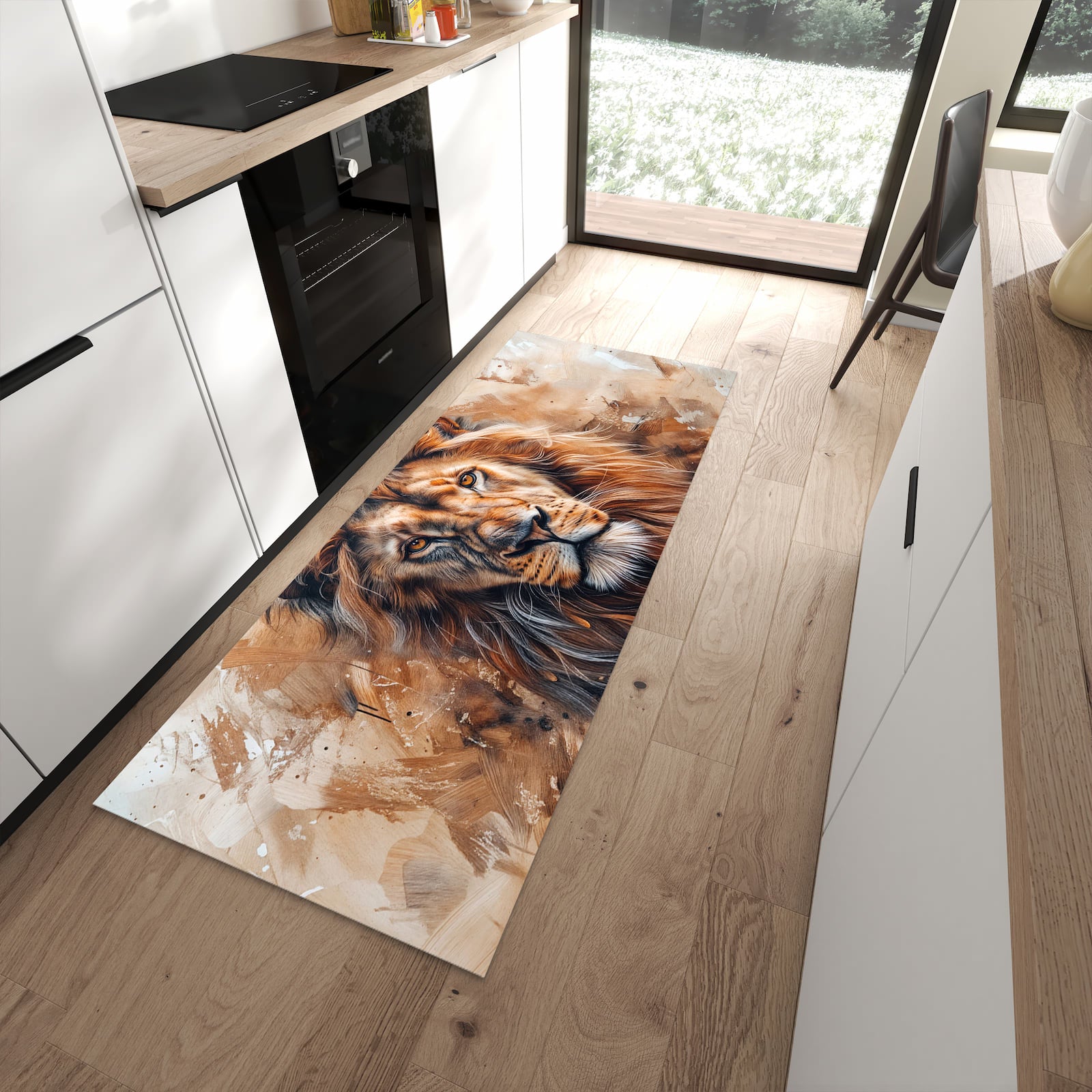 Farbbeständiger Küchenläufer mit Motiv Löwe Porträt in moderner Küche zum Waschen