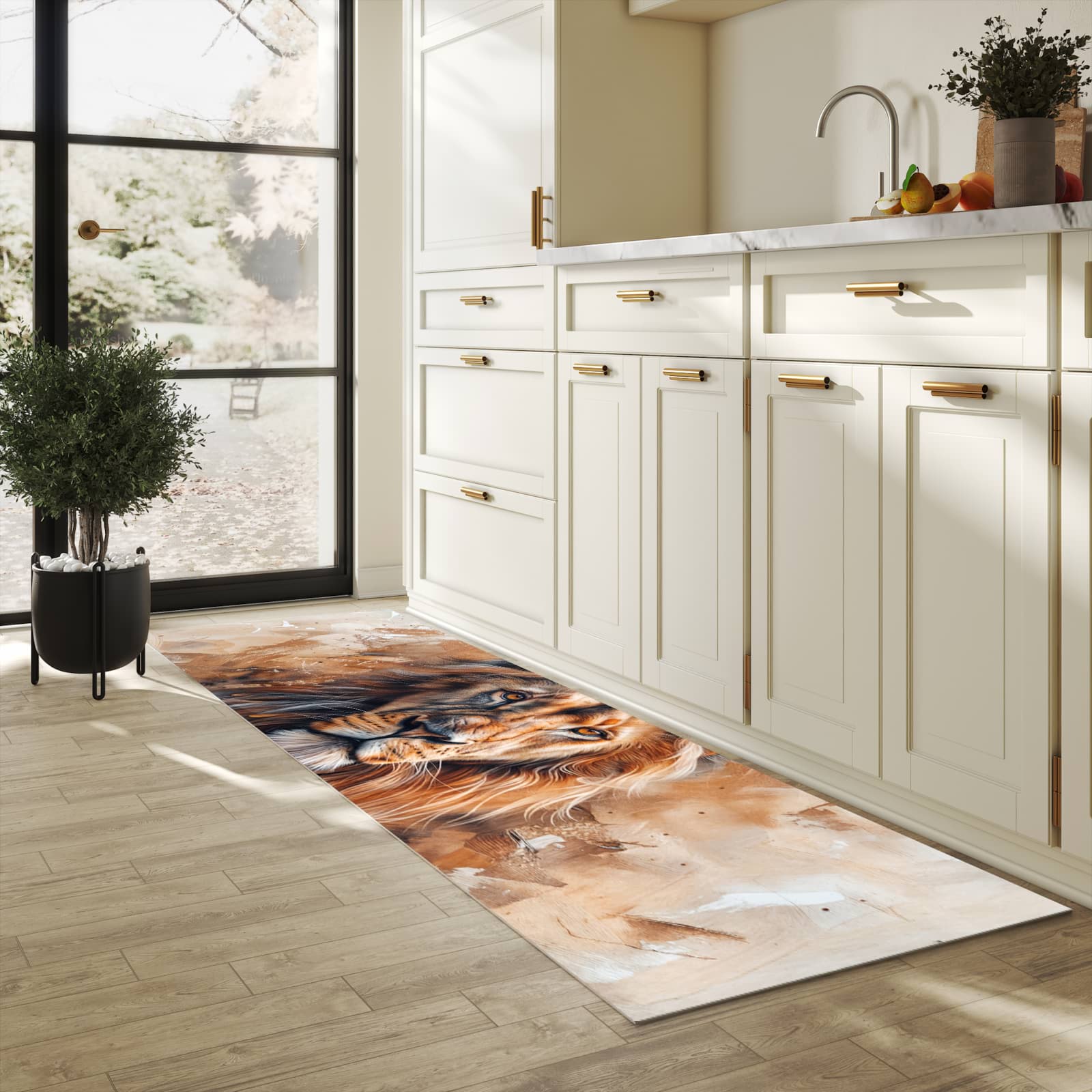 Abriebfester großer Küchenteppich mit Motiv Löwe Porträt in heller Küche