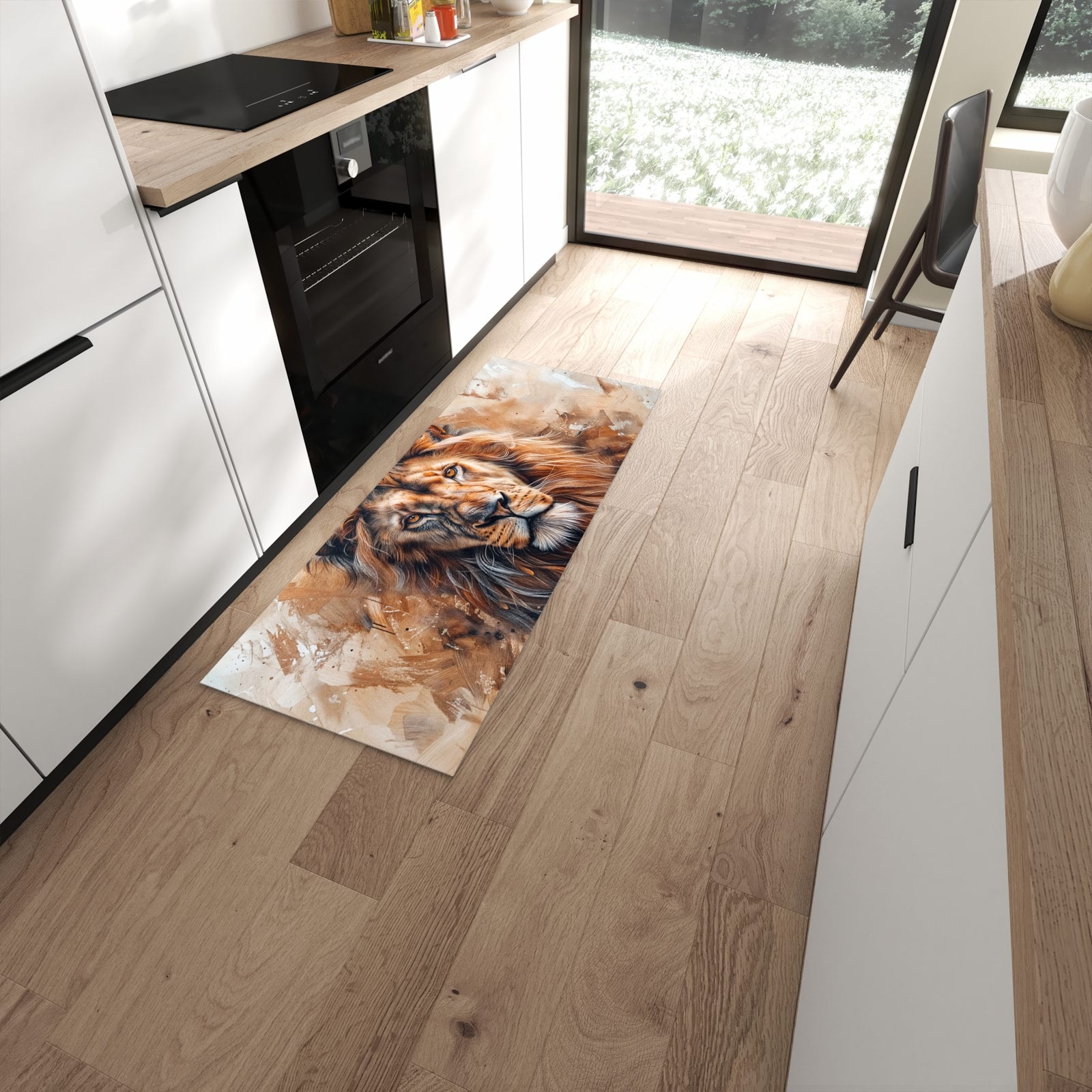 Langlebiger rutschfester Küchenläufer mit Motiv Löwe Porträt in moderner Küche #grösse_60 x 150 cm